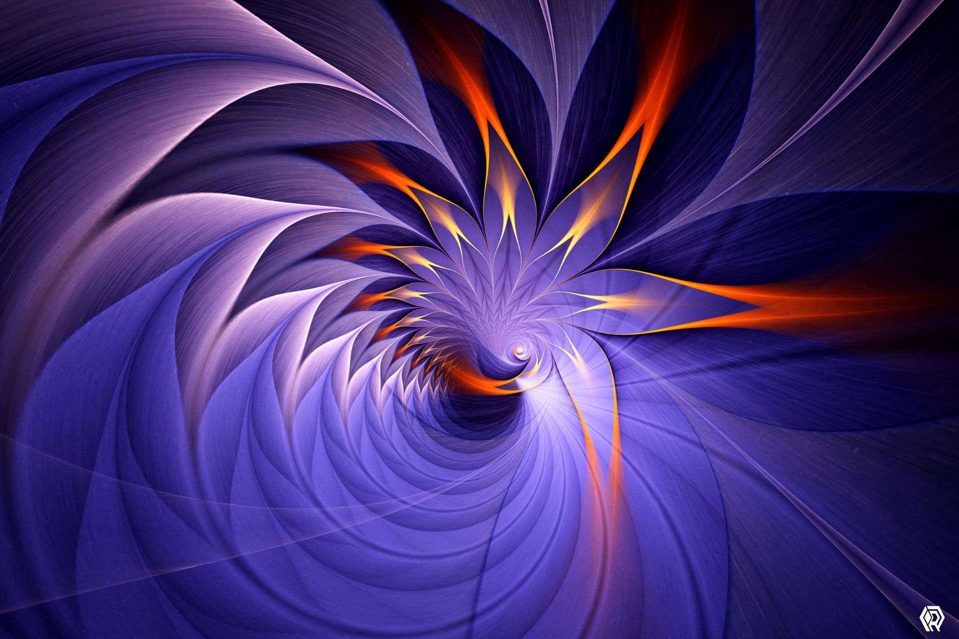 A vivid, spiked flower design with bright orange tips and purple petals, wrapped into a funnel vortex. This design is also the background of the website.