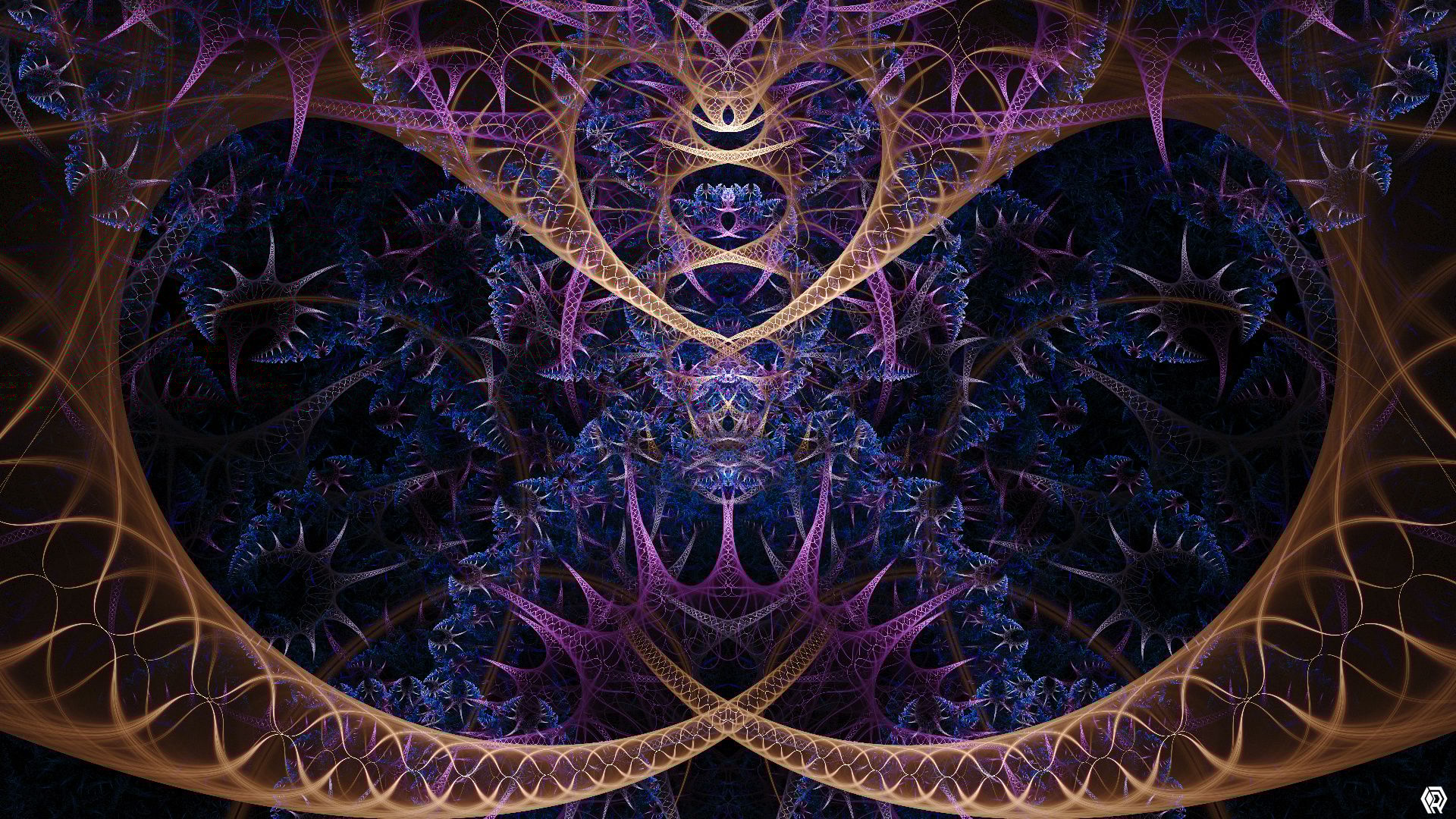 An intricate fractal patterns with orange stalks that bloom into pink and blue bush shapes.