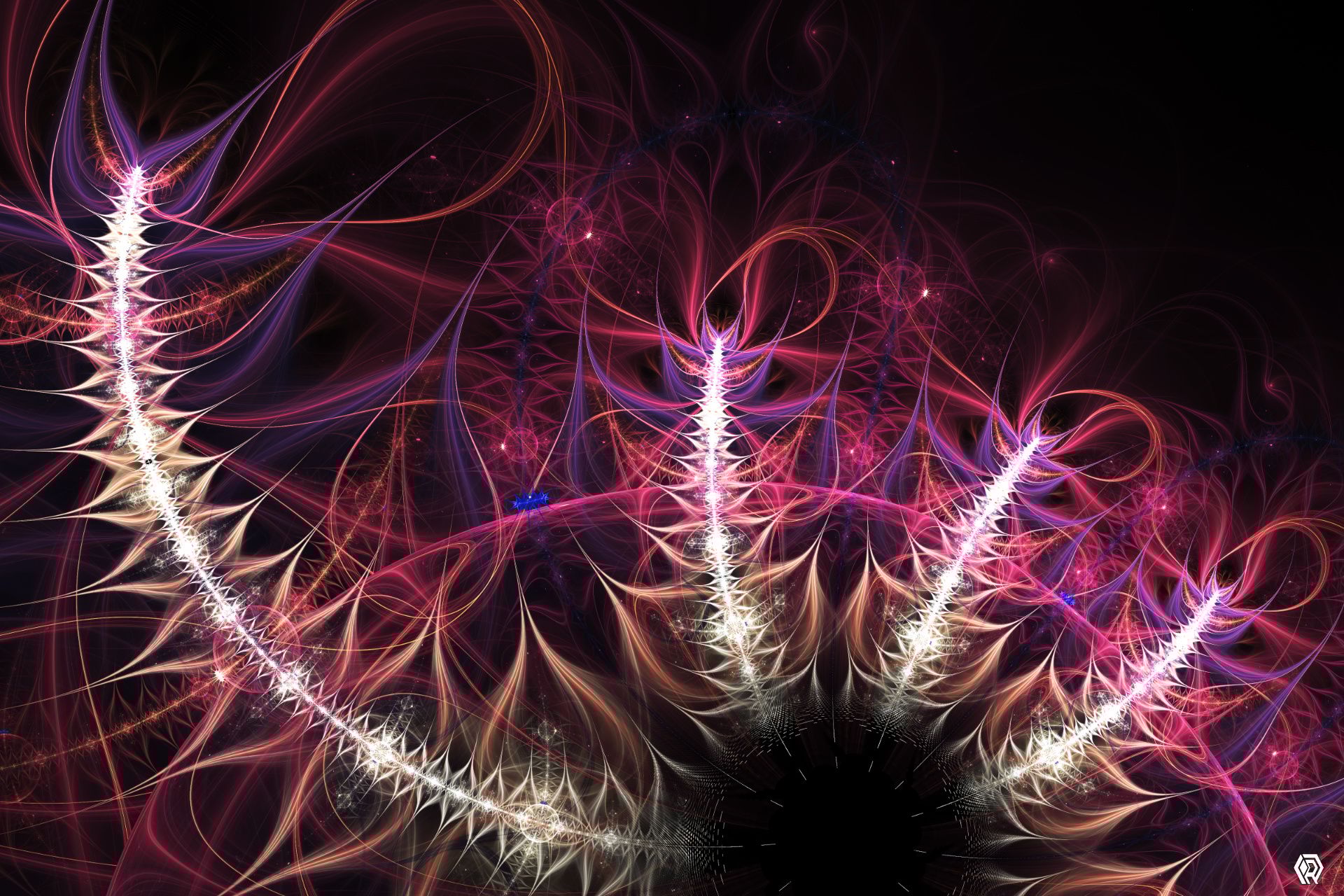 Vivid white arcs curve out from a round center, surrounded by bright pink and purple wave patterns, creating the illusion of a neon flower.