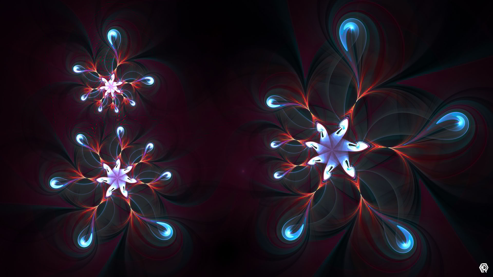 This fractal design looks like three flowers with blue petals floating in a dark red space