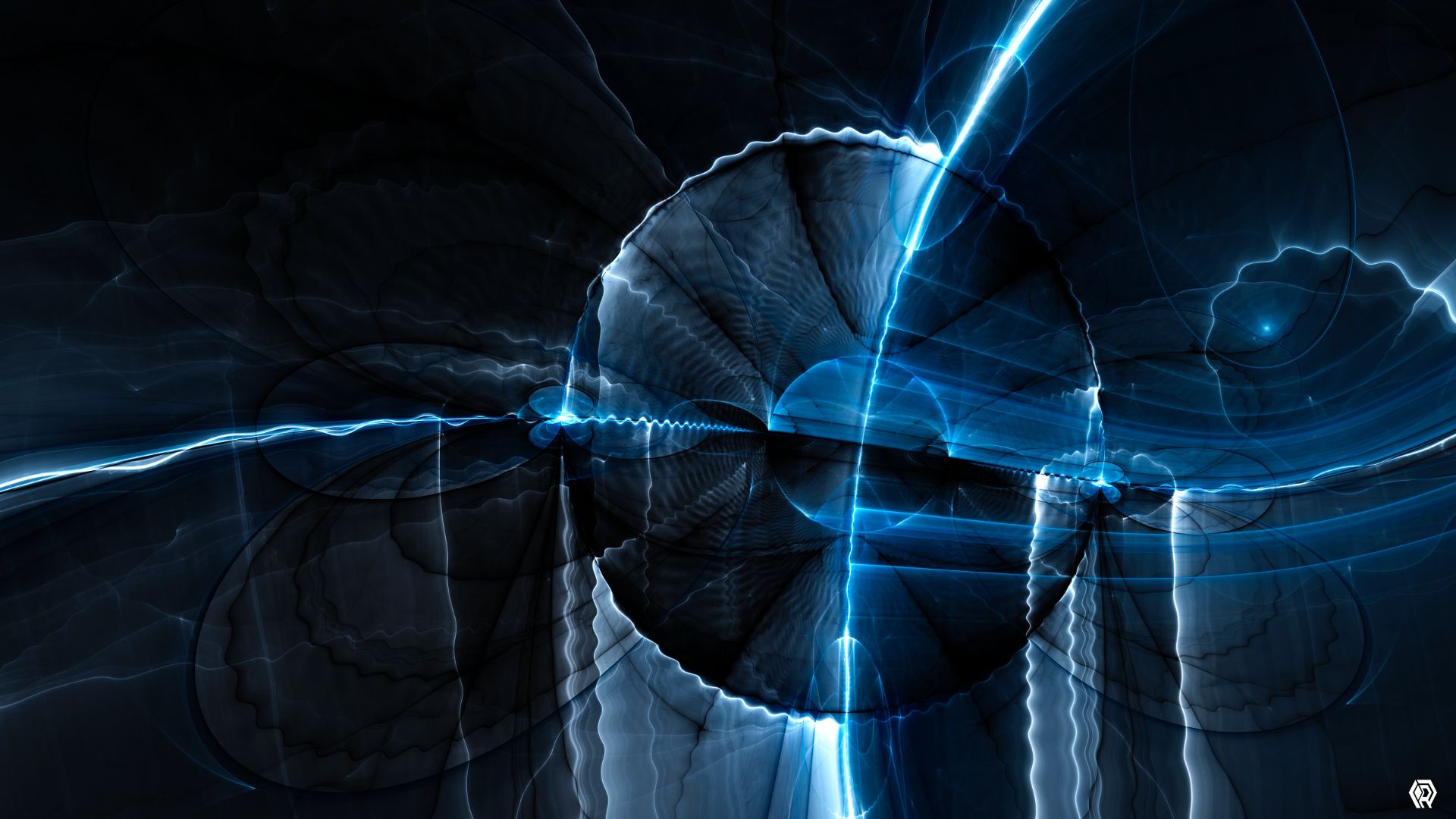 A vibrating blue sphere is bisected by two bright white arcs through the middle, surrounded by a foggy blue atmosphere with arcing shadow shapes.