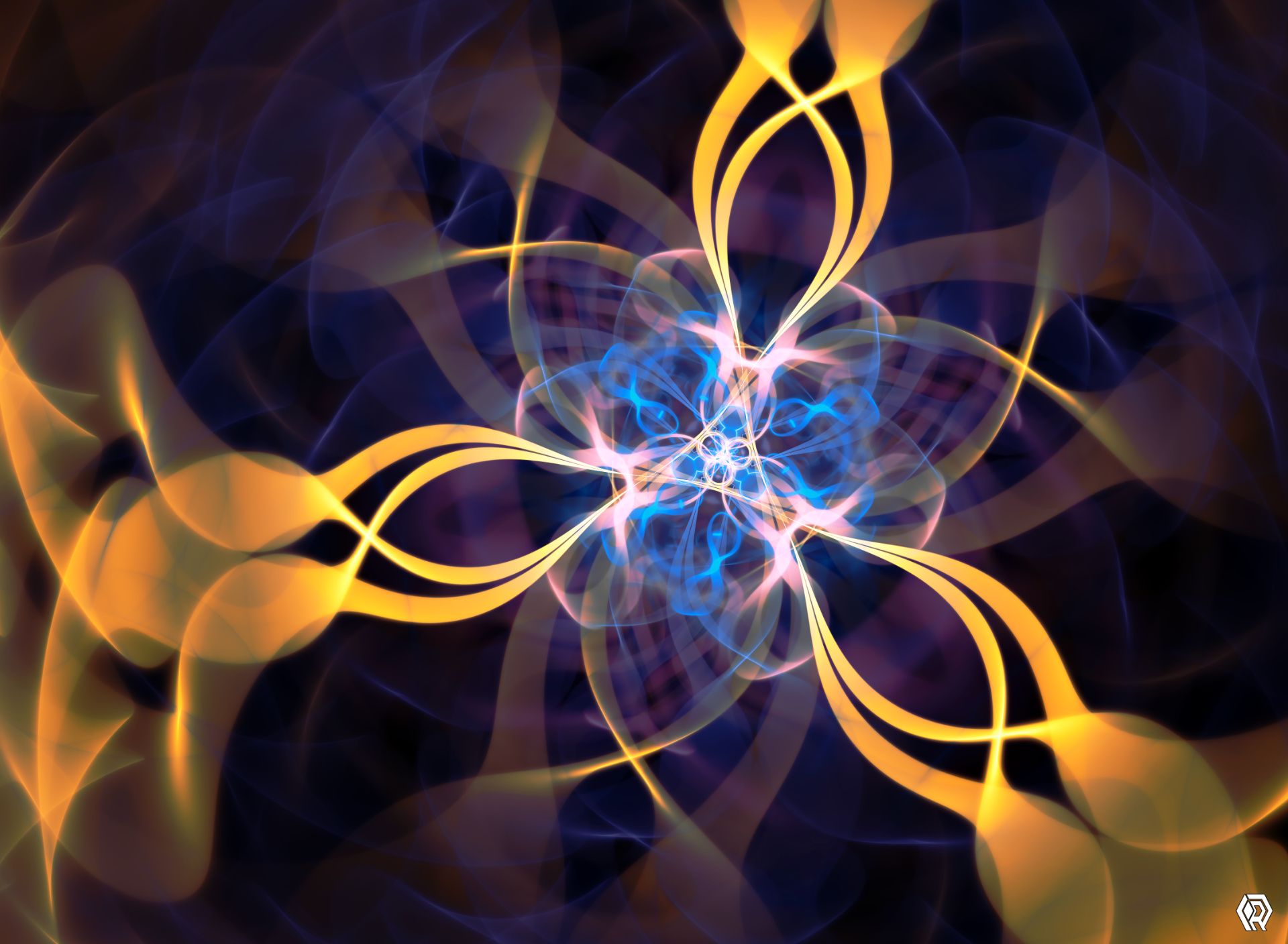 A fractal design with threefold symmetry, smooth smokey lines of yellow converge on a glowing blue spark.