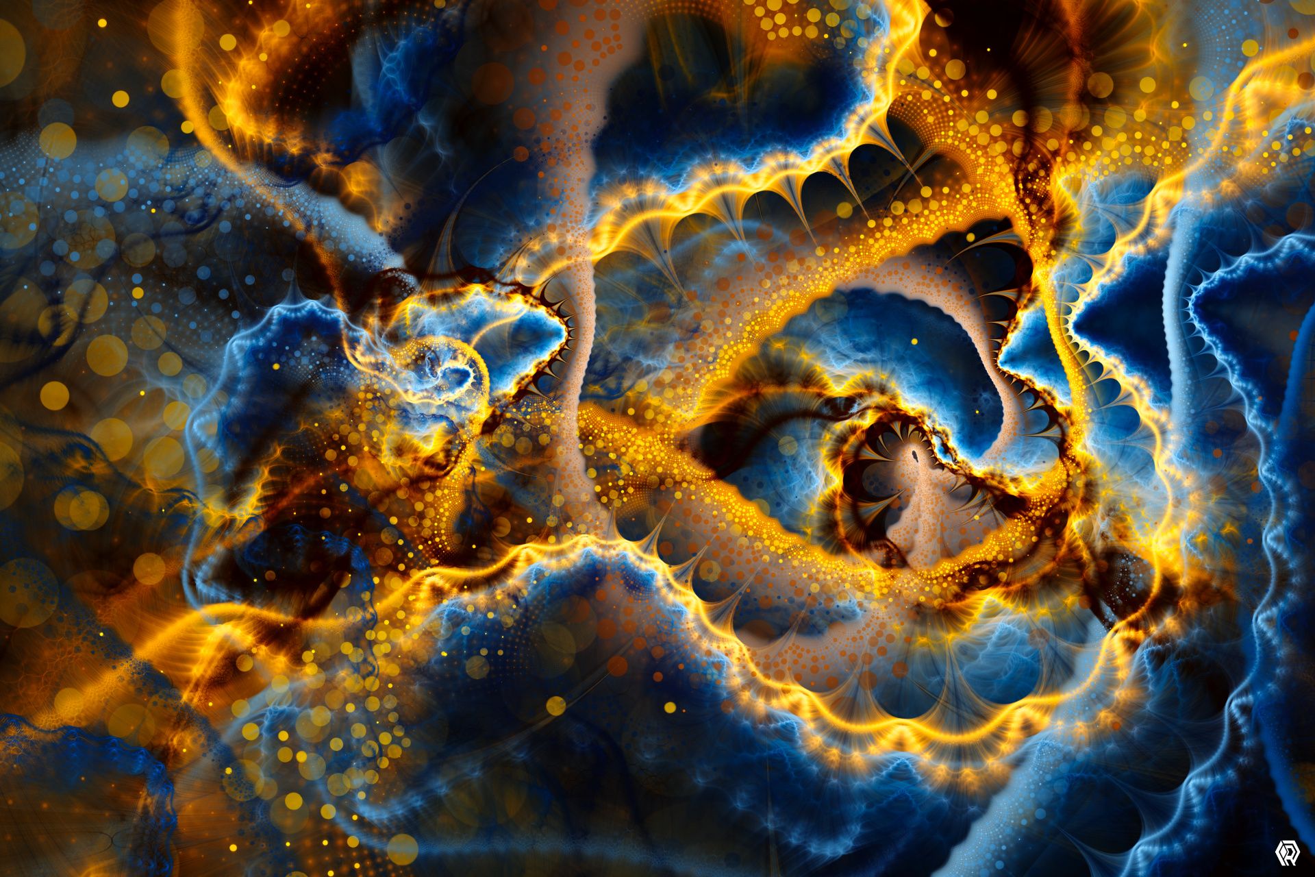 Wavy arces of blue foam with crisp yellow edges crash around in a stormy tumble in vivid daylight colors.