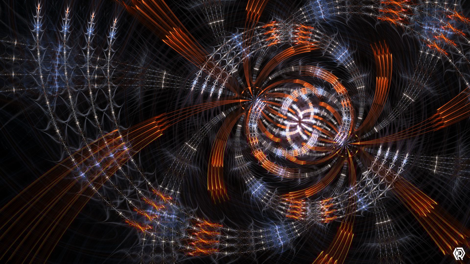 Clean arcs of metallic silver and rich orance, in perfectly parallel groups of four cables, twisting towards a glowing round nexus.