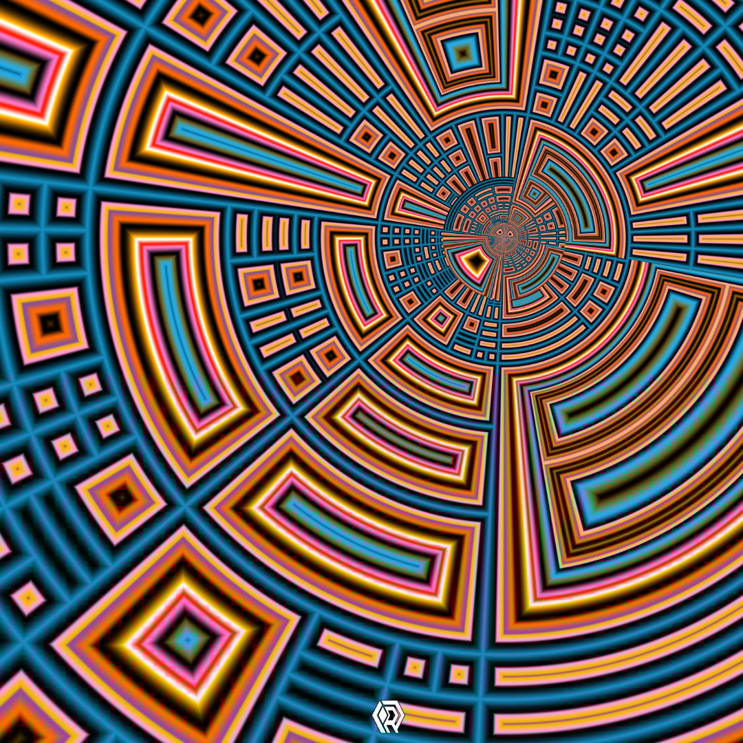 A blocky abstract pattern wrapped in a flat circle, made of orange blocks and blue borders.