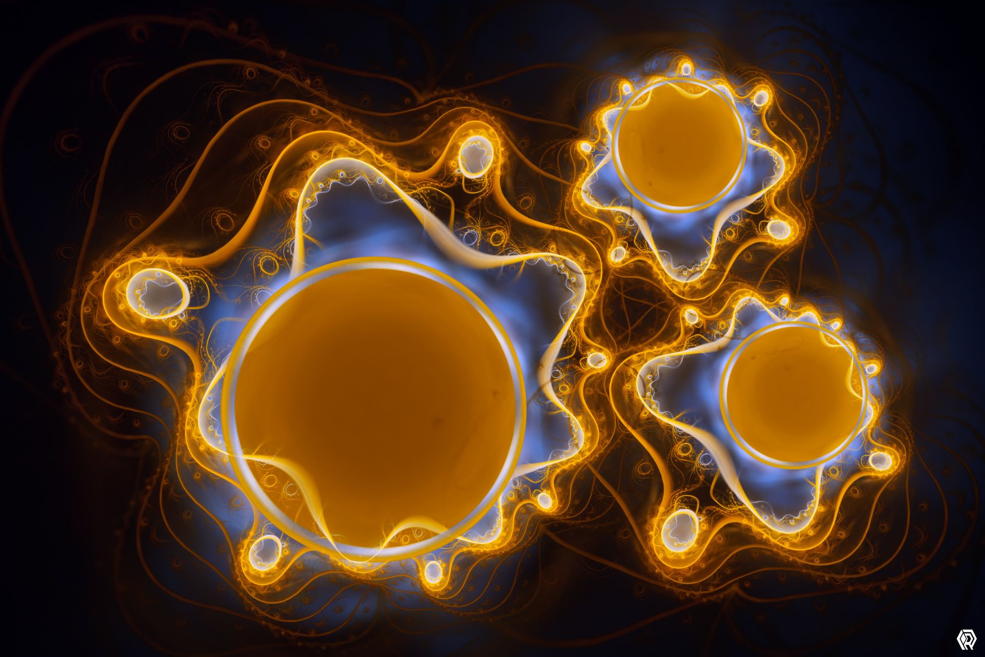 Three bright orange orbs are orbited by a wavy ring, creating an illusion of three eggs frying in a pan.