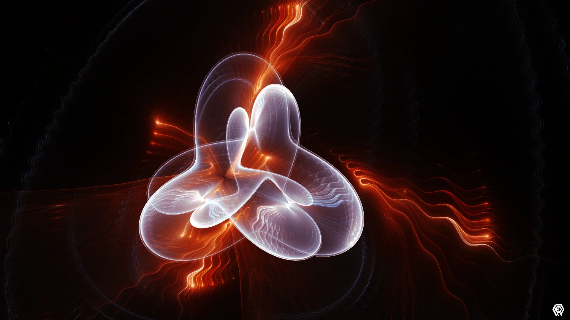 A smooth white tricorn shape is illuminated by wavy, vivid lines of glowing red.