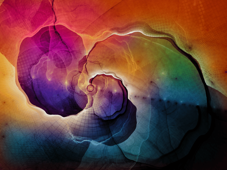 A saturated rainbow with a fine grid texture, swirled in a lazy spiral.