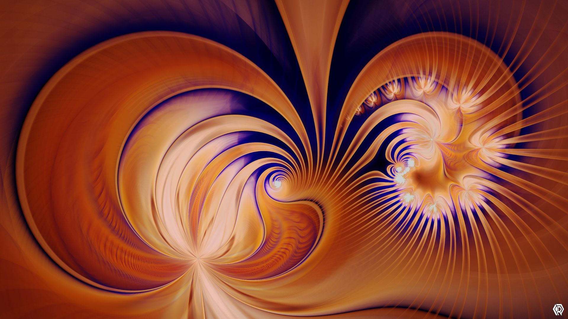 Two groovy focal points reach out with plastic tendrils like stretched cellophane in bright orange and deep blue.