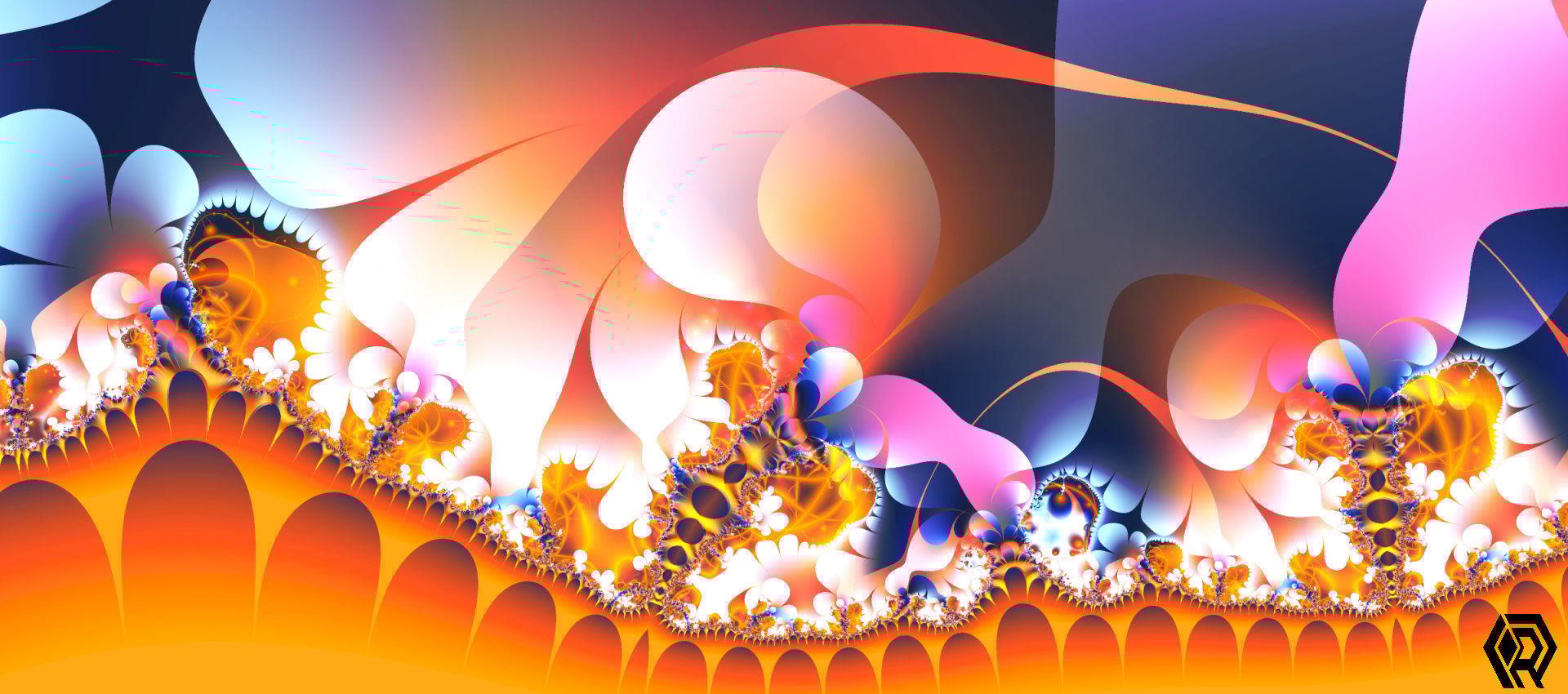 A groovy design with fractal fronds sprouting from an orange terrain.