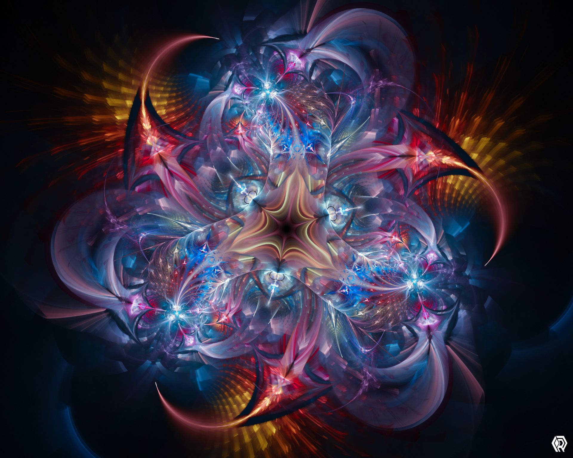A burst of curved fractal shapes in triangular symmetry, arcing towards distant focal points in a chaotic mandala of pale purples and blues, with three glowing red arrow shapes poking out of the nest.