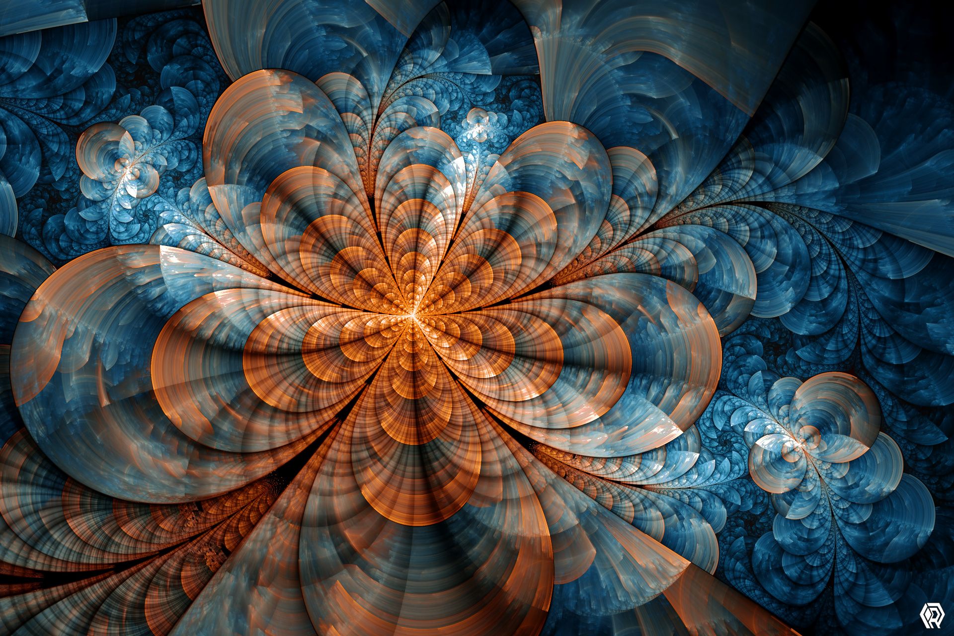 A flower shape with clean arcs of orange and blue billowing out in a plantlike texture that fills the frame.