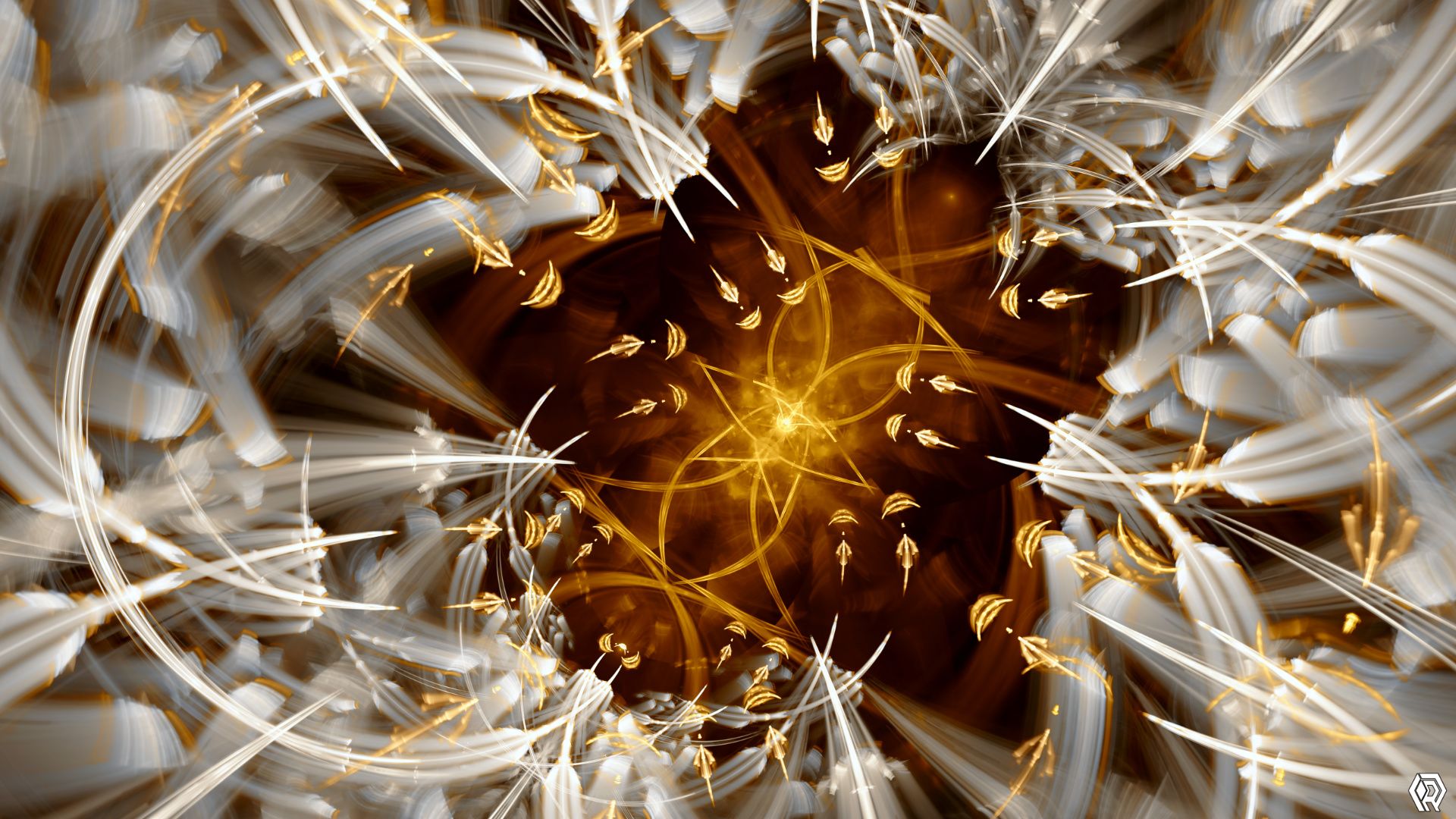 White angelic shapes swarm up towards some golden flower shape in the sky.