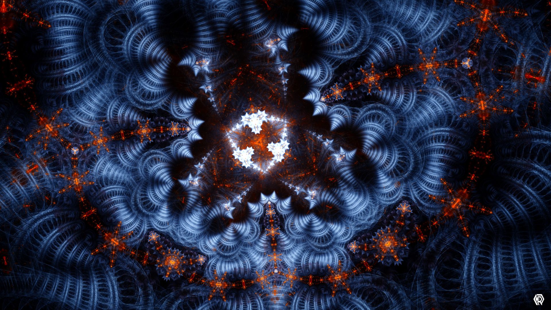 Round fractal spires in cool blue, threaded by orange fractal circuitry, illuminated by a central isometric cube in white with blooming sides.