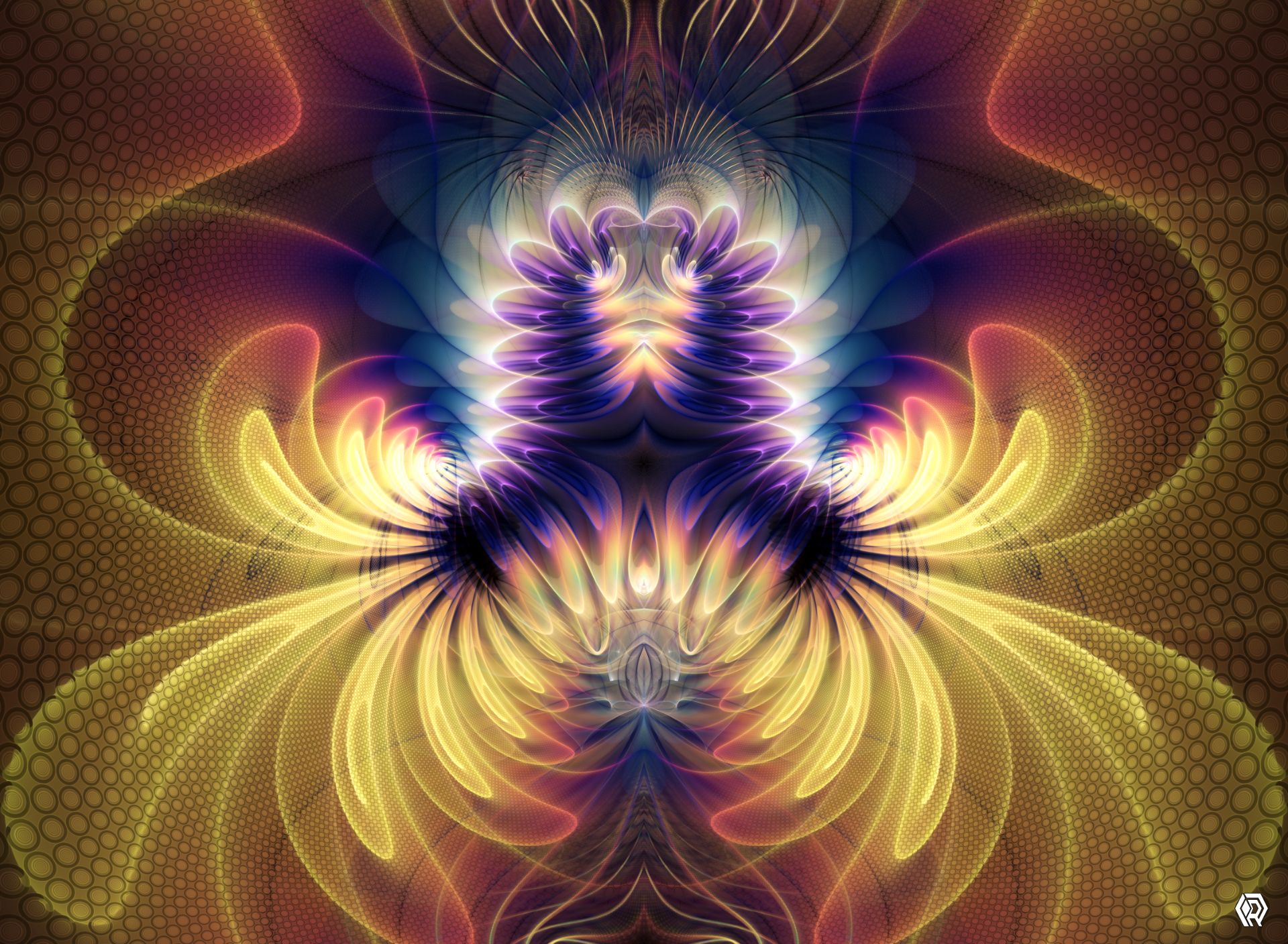 Vibrant petals in bright yellow and murky purple burst out from a tricorn shape in smooth arcs.