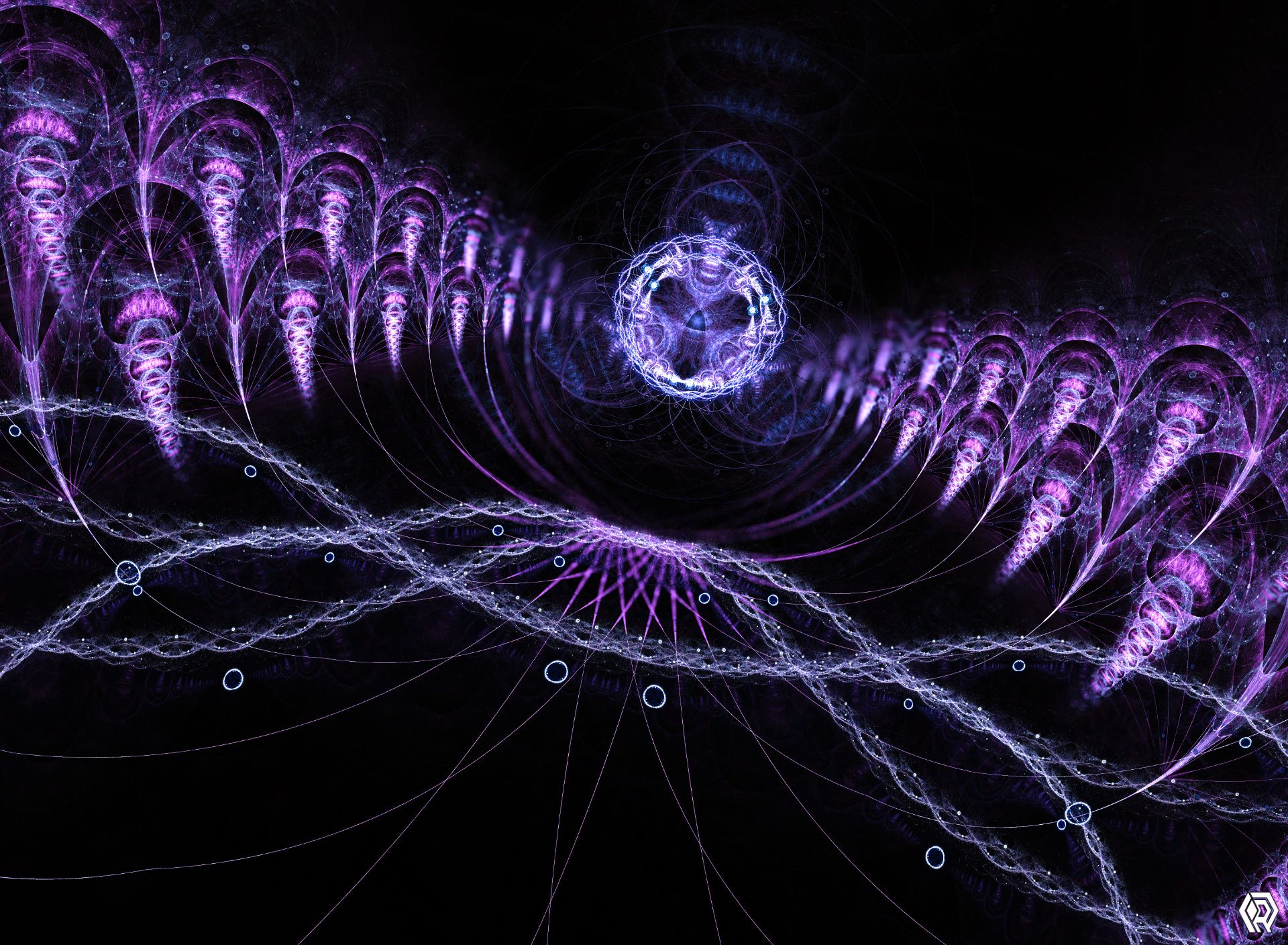 A corridor of logarithmic pillars retreat toward a glowing purple sphere, grey sine waves sizzle in the foreground.