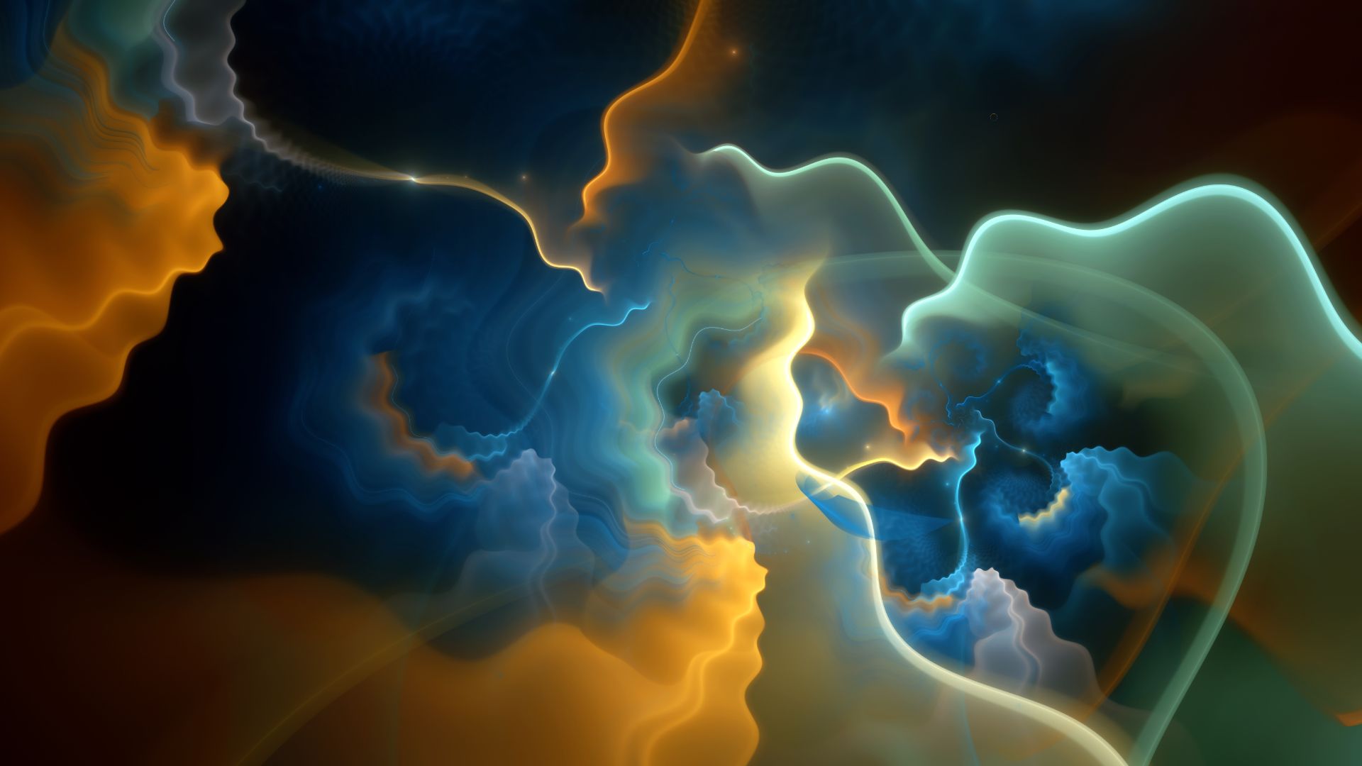 A prize wallpaper. Smooth blues, oranges, and greens make cloud-like shapes with a summer evening backlight.