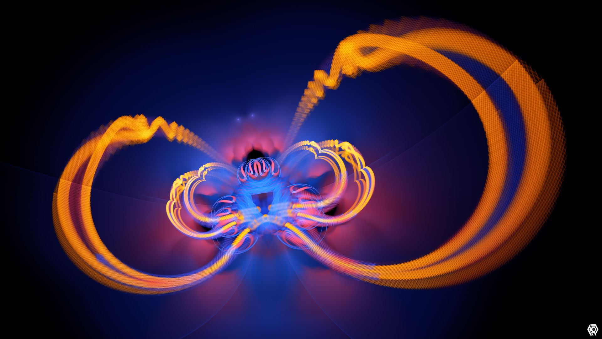 Two bright orange neon arcs whip out from a central knot, in a loose resemblance of an elephant head.