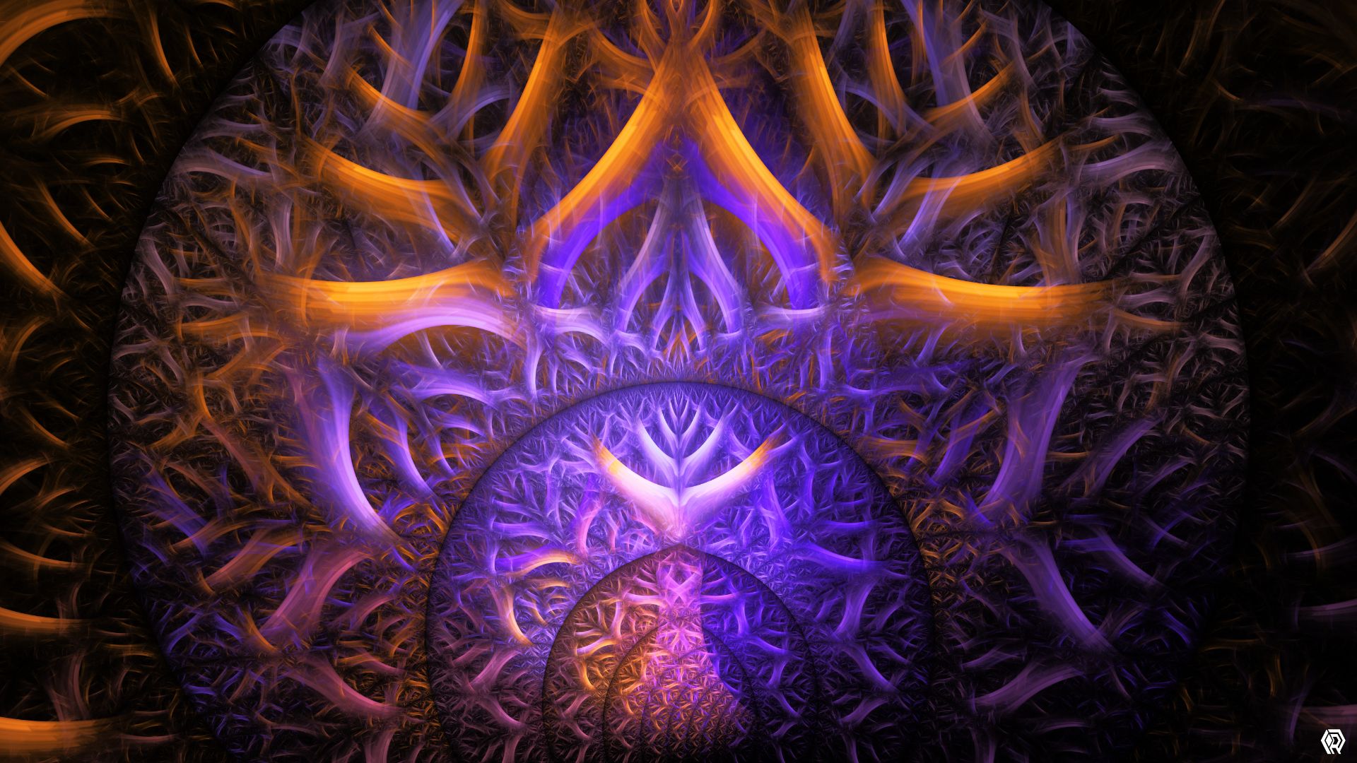 A recursive nest of fractal shapes resembling talons, or plant roots, wrapped around each other in dense circles with orange, purple, and blue tones.