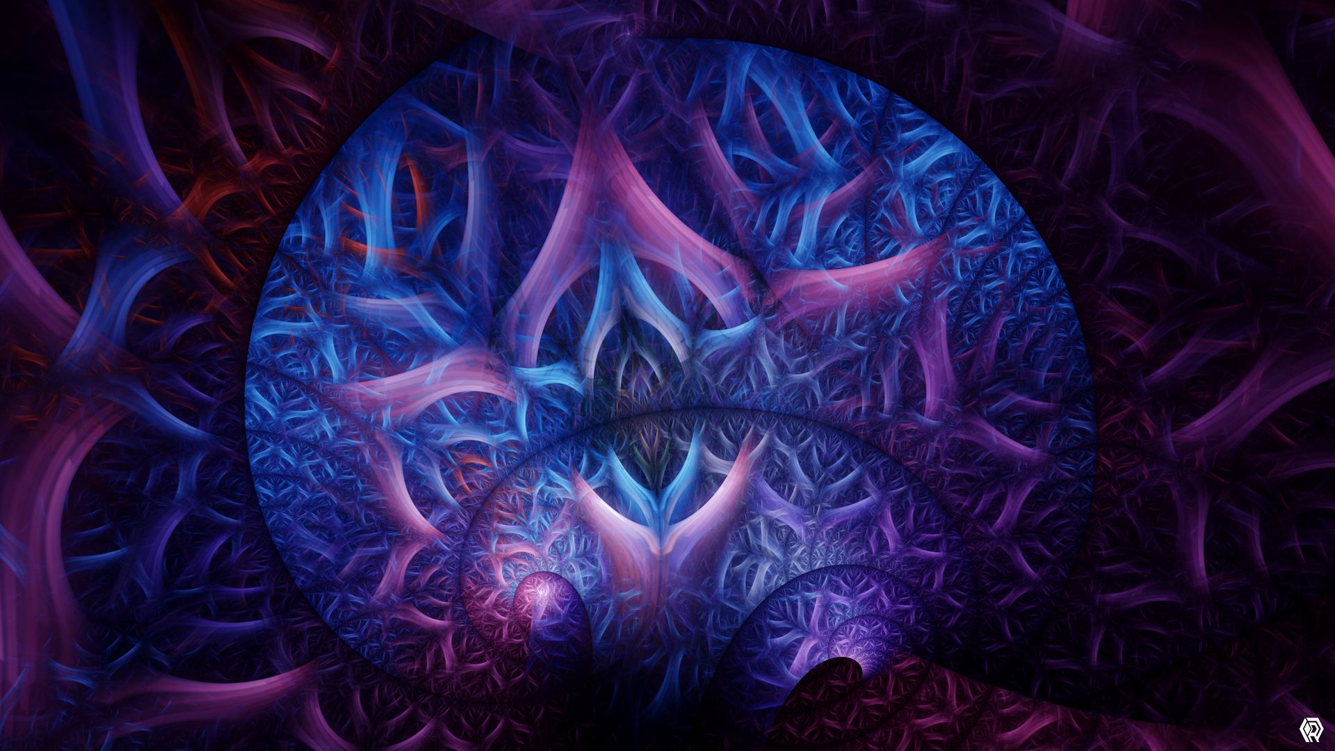 The nest shape from Machines 0 is now twisted into a lopsided mushroom shape, and has shifted into cool purple and blue vaporwave tones