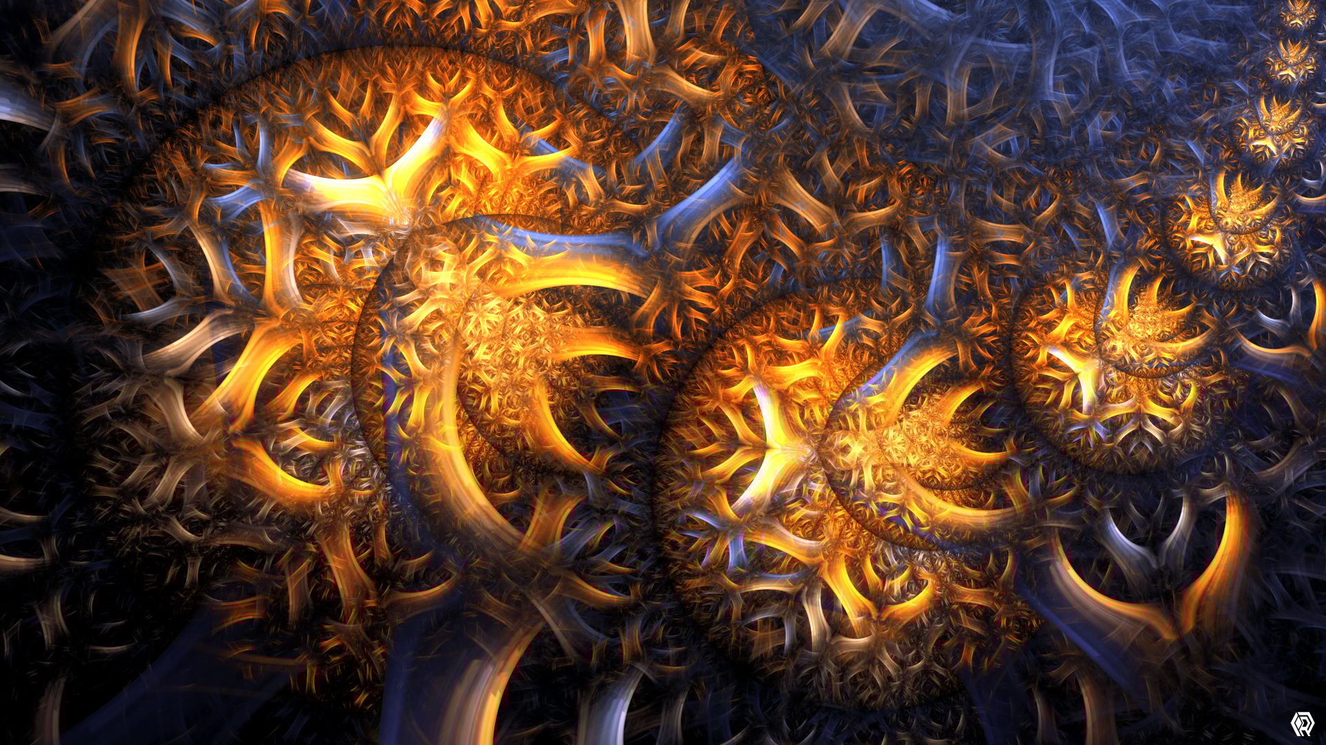 The circular nest shape is replicated like beads on a necklace, forming an arc of glowing yellow orb-like shapes against a machine grey background.