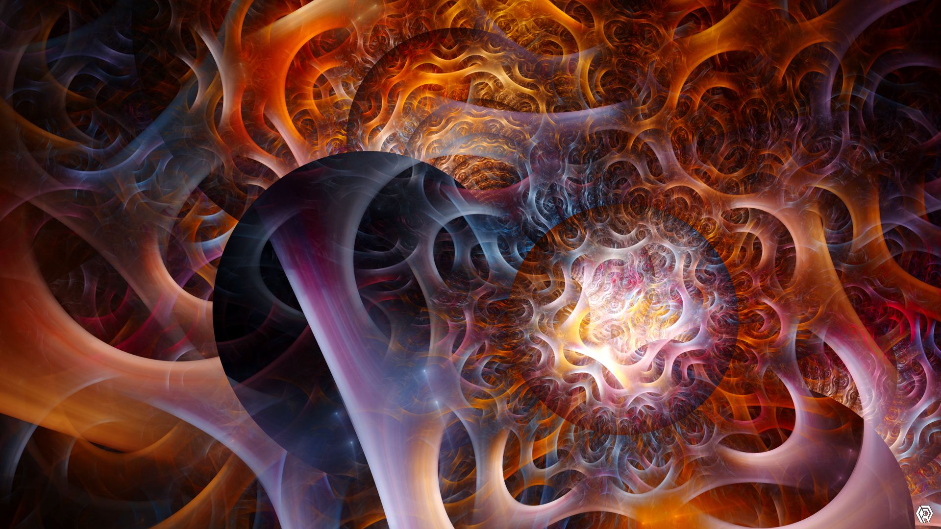 The talon-like fractal shapes have softened into a new order, making a web of wavy curves eminating from the orb, incorporating all the colors of the previous works in the series.