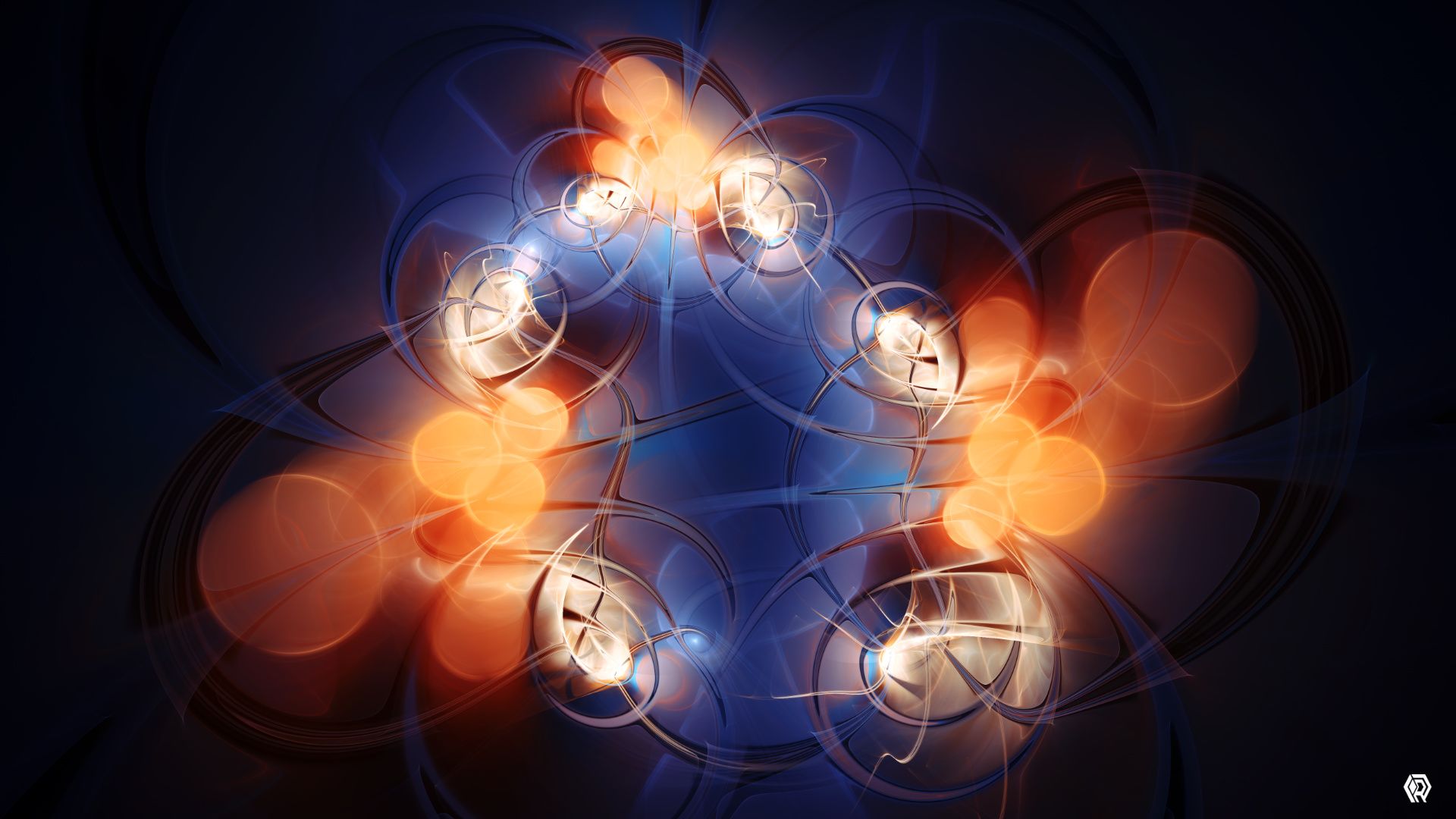 A design with triangular symmetry, a pile of orange balls collects at each vertex, casting light along a smooth, blue, glassy floor
