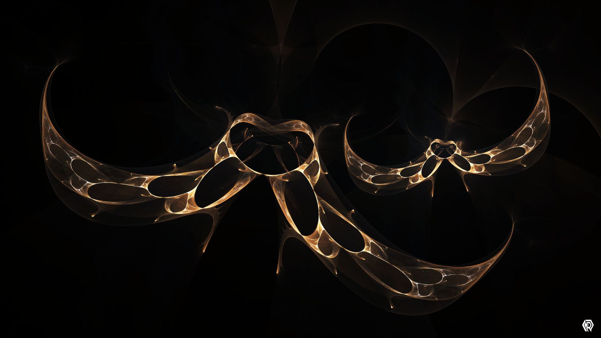 An illusion of two moth-like shapes made of shining brass chain links. The two flyers glow against the dark, smokey background.