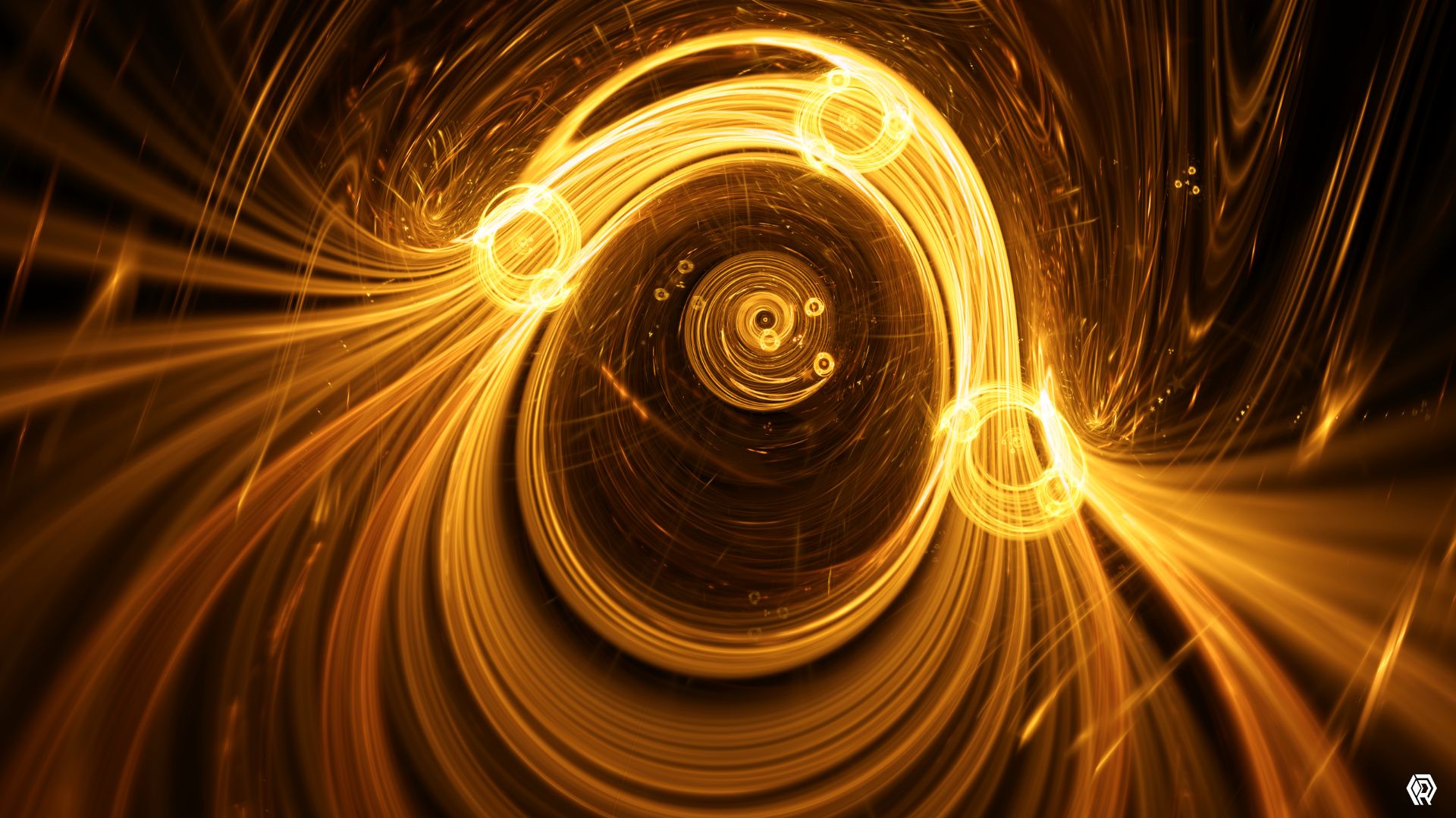 This golden fractal design features three rings making a round course around a central sun. It's warm, abstract, and intense