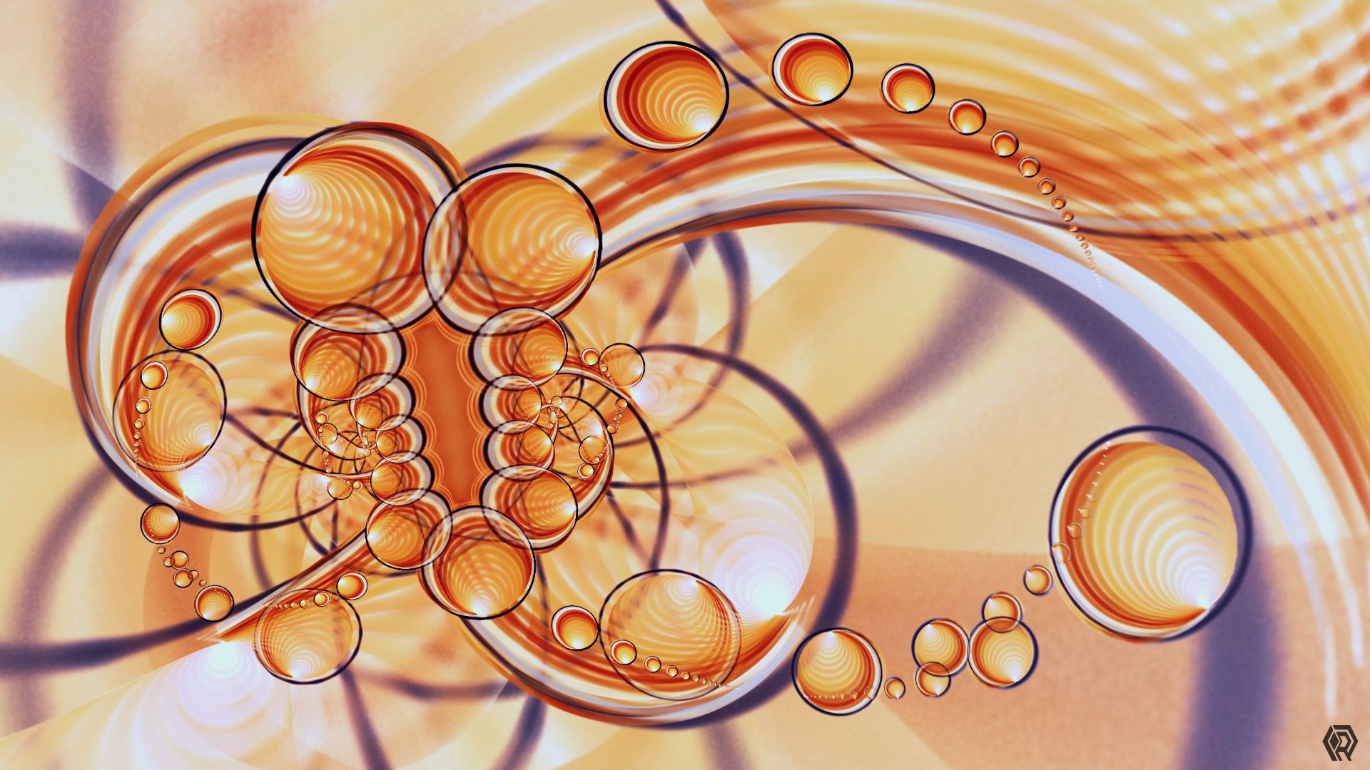 Orange bubbles wiith retro style stripes cluster in an orange liquid.