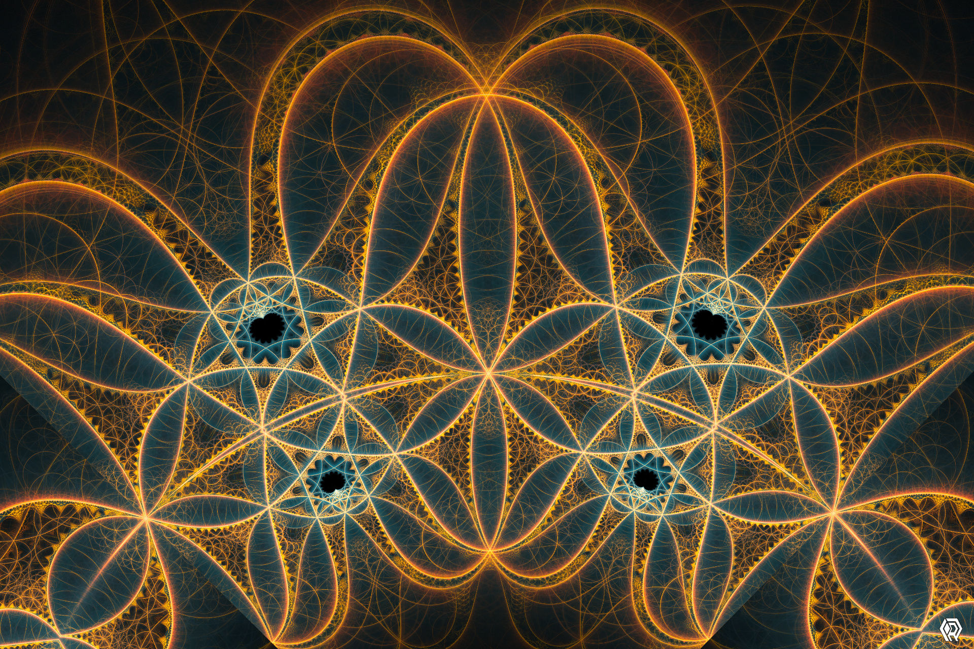 A web of golden fractal shapes against a green background, intersecting in precisze starburst patterns, making a mathematical weave.
