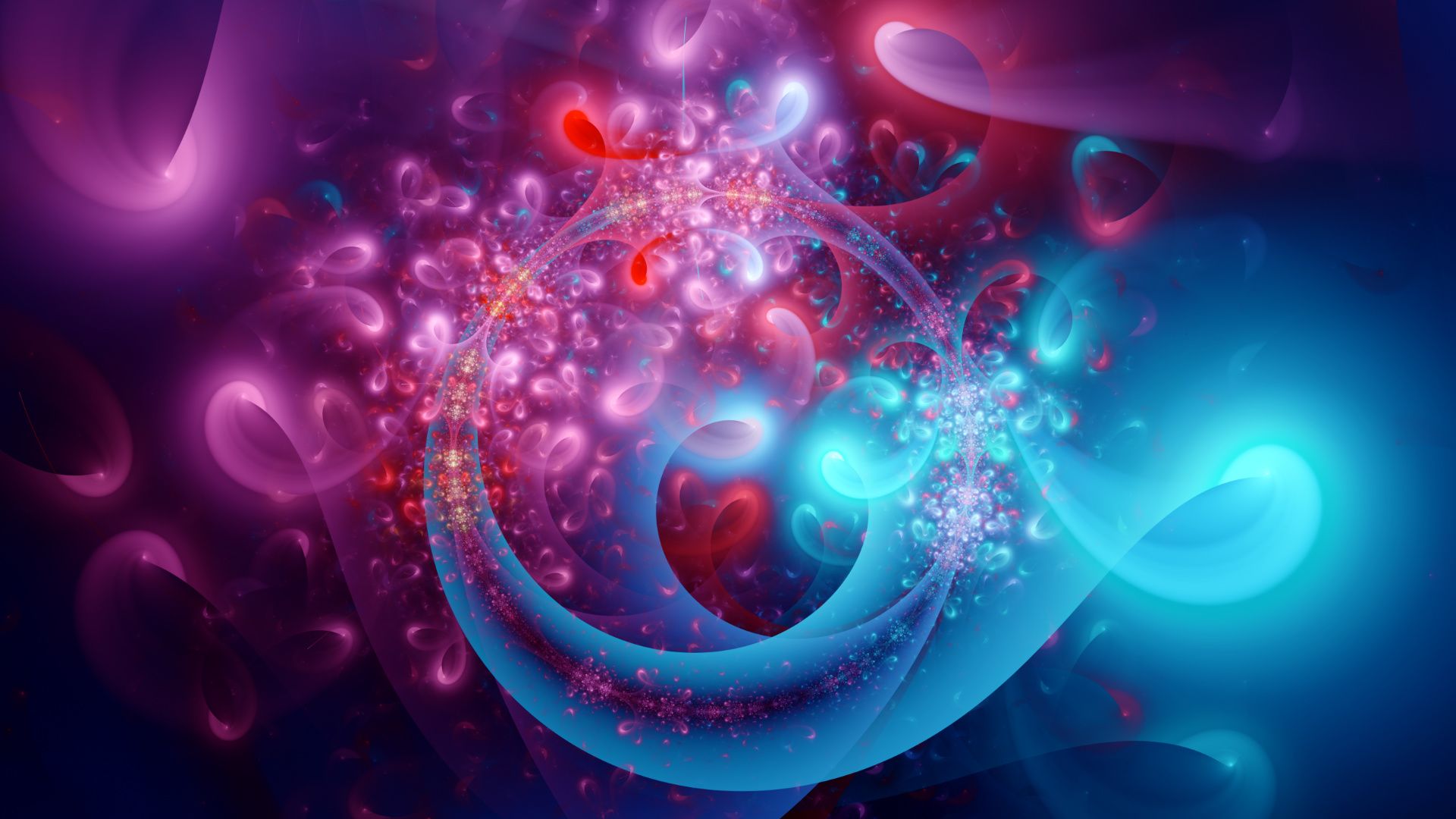A ring shape of blue and pink with detailed fractal blossomes at the top and sides, surrounded by falling petal shapes.