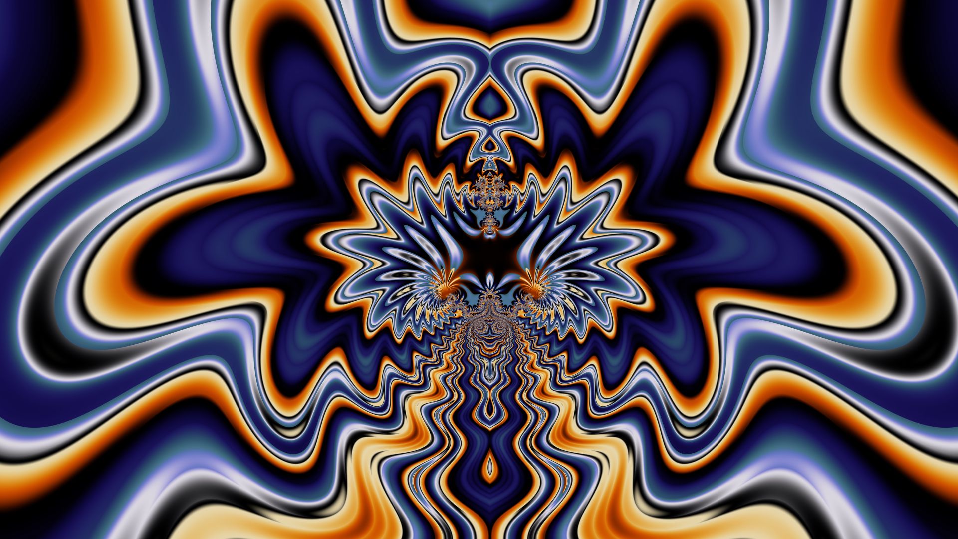 Vivid orange and purple waves eminate from a trippy face-like center shape.