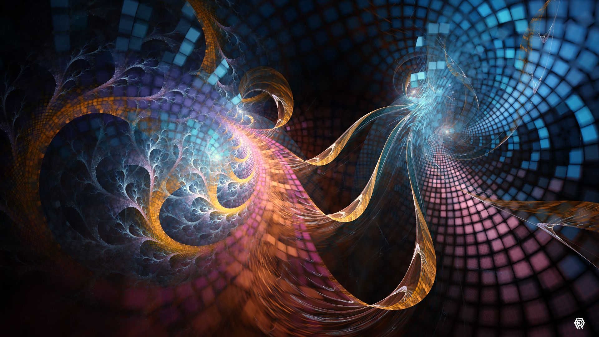 A blend of perfect square tiling and chaotic Julian curves give this fractal a contrasted composition in light blue and pink ribbons with gold trims.