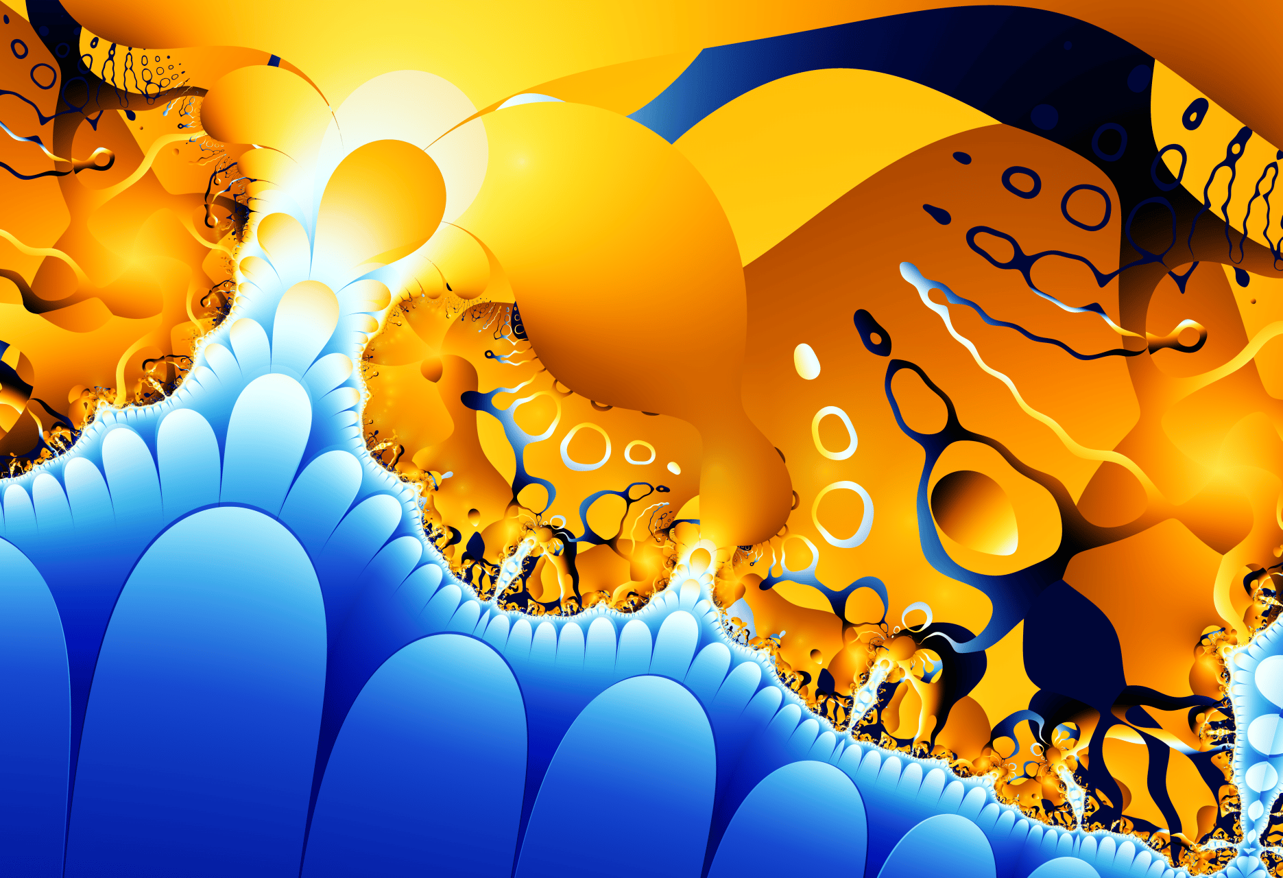 An abstract, fractal representation of a dark octopus crawling along the seafloor, in bright blues and yellows.