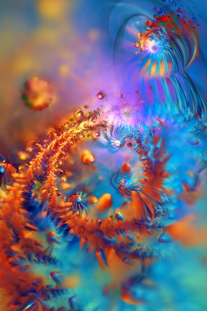 A fiery orange dragon curves back around to confront a looming robotic sentinel with many long tendrils.