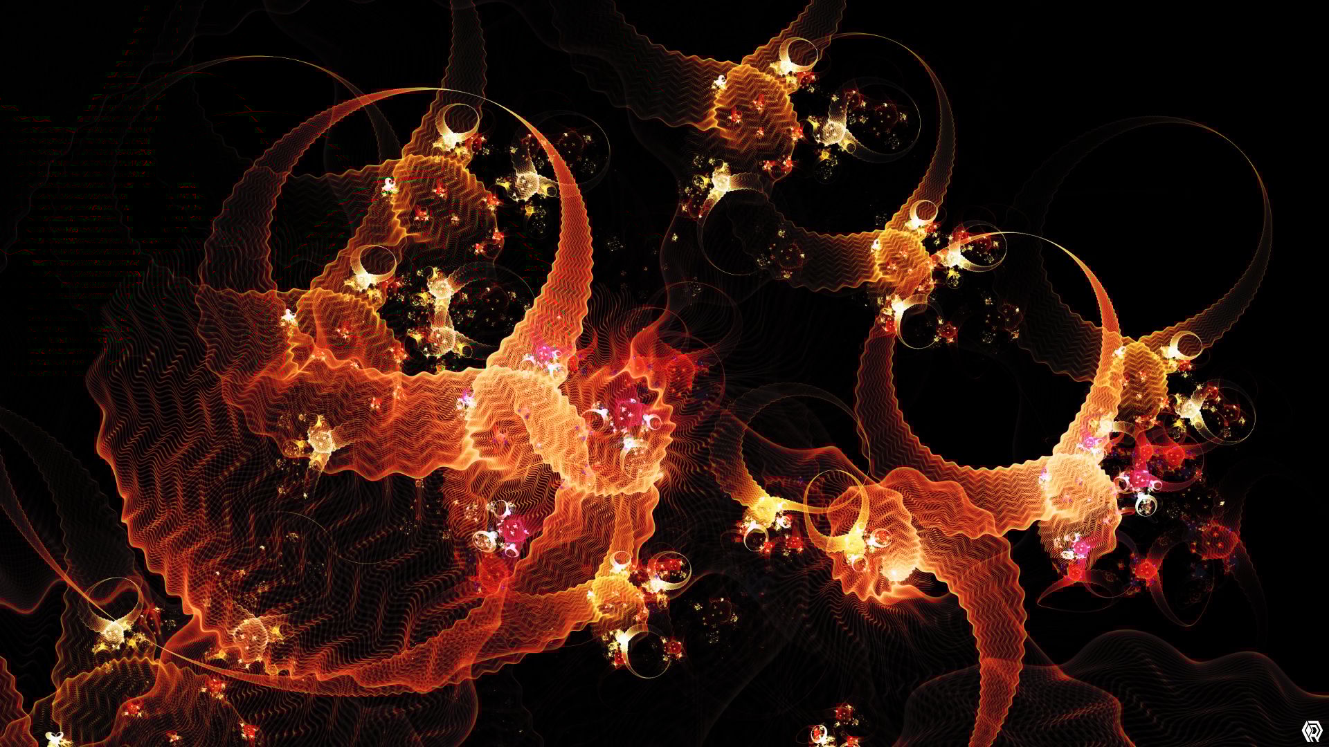 A scattering of burning orange and yellow arcs with wavy gridlike textures sparkle against a black background.