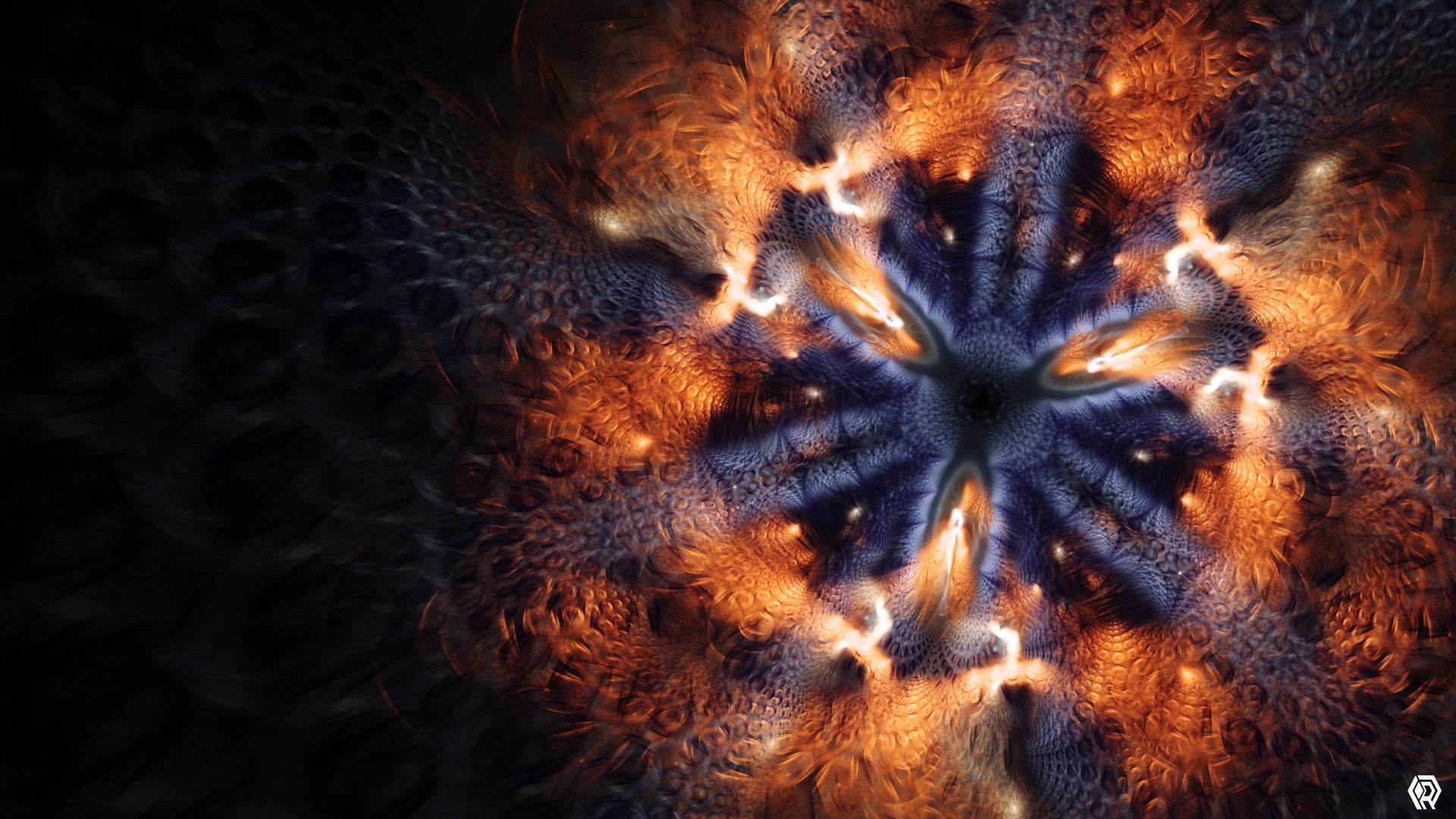 Fiery orange textures billow out from a hexagonal mandala shape of blue columns.