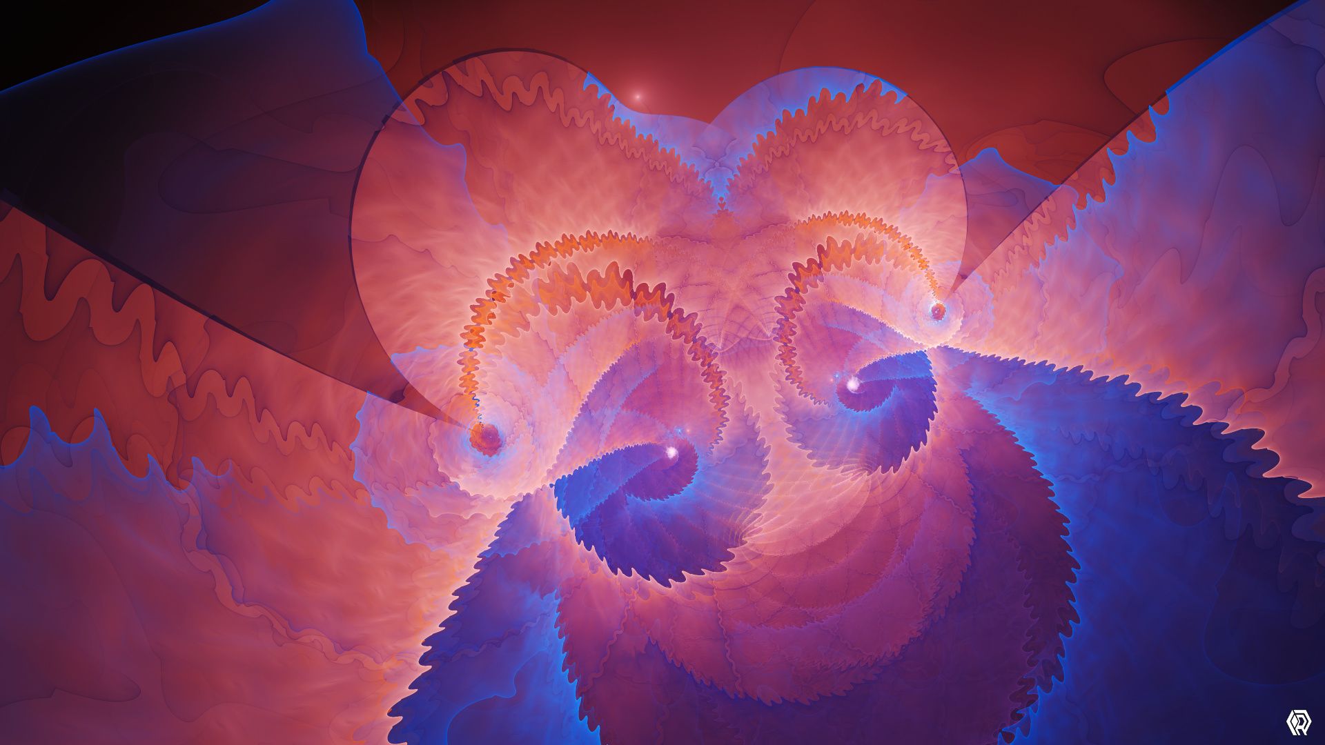 Smooth pink and purple fractal curves with wavy edges twist around two offset focal points, loosely creating an illusion of a smiling face.