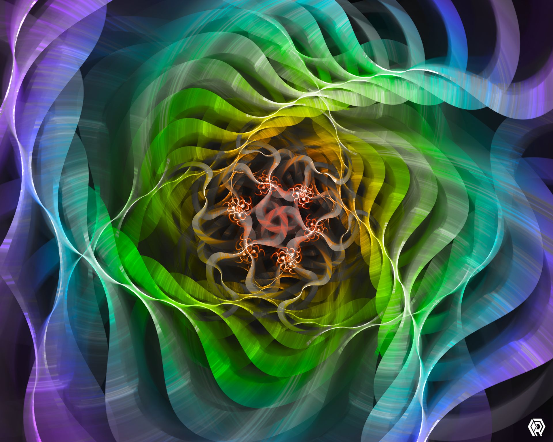 A swirling rainbow of ribbon shapes coming together in a triangular weave, with six sparking focal points around the red center.