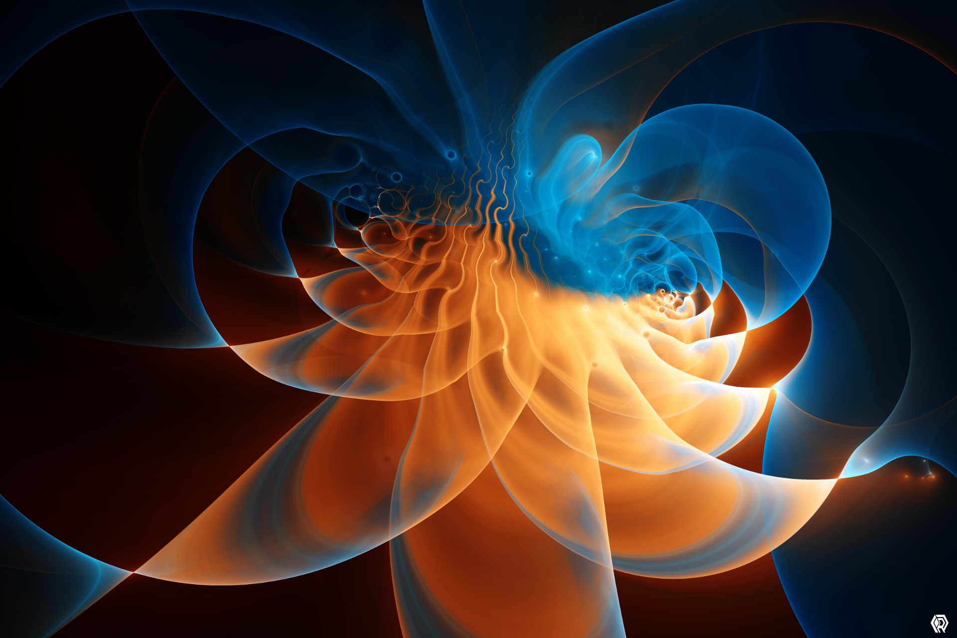 A glowing orang fractal shape that resembles a lotus flower, but the top is evaporating into curled blue smoke