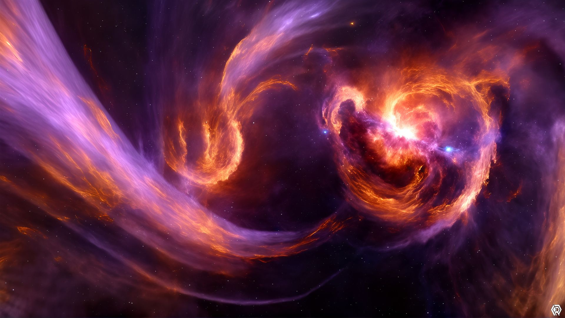Rich nebula clouds churn around a shining protostar, in sunset bonfire colors.