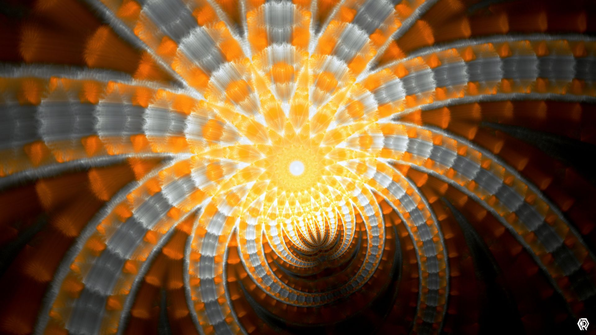 A bright fractal mandala that resembles both a sun and a spider.