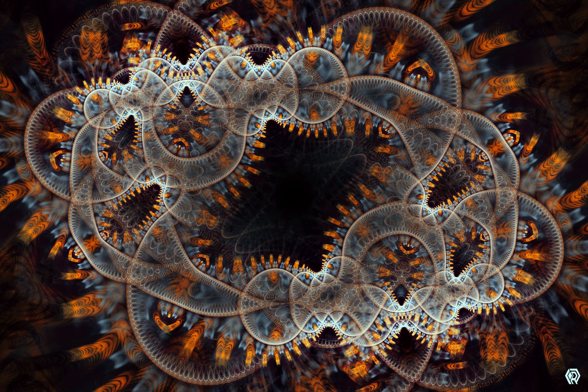 An abstract wreath of wavy, ring shapes with rippling borders, decorate with orange shapes resmebling a city skyline, resonating in overlapping waves.