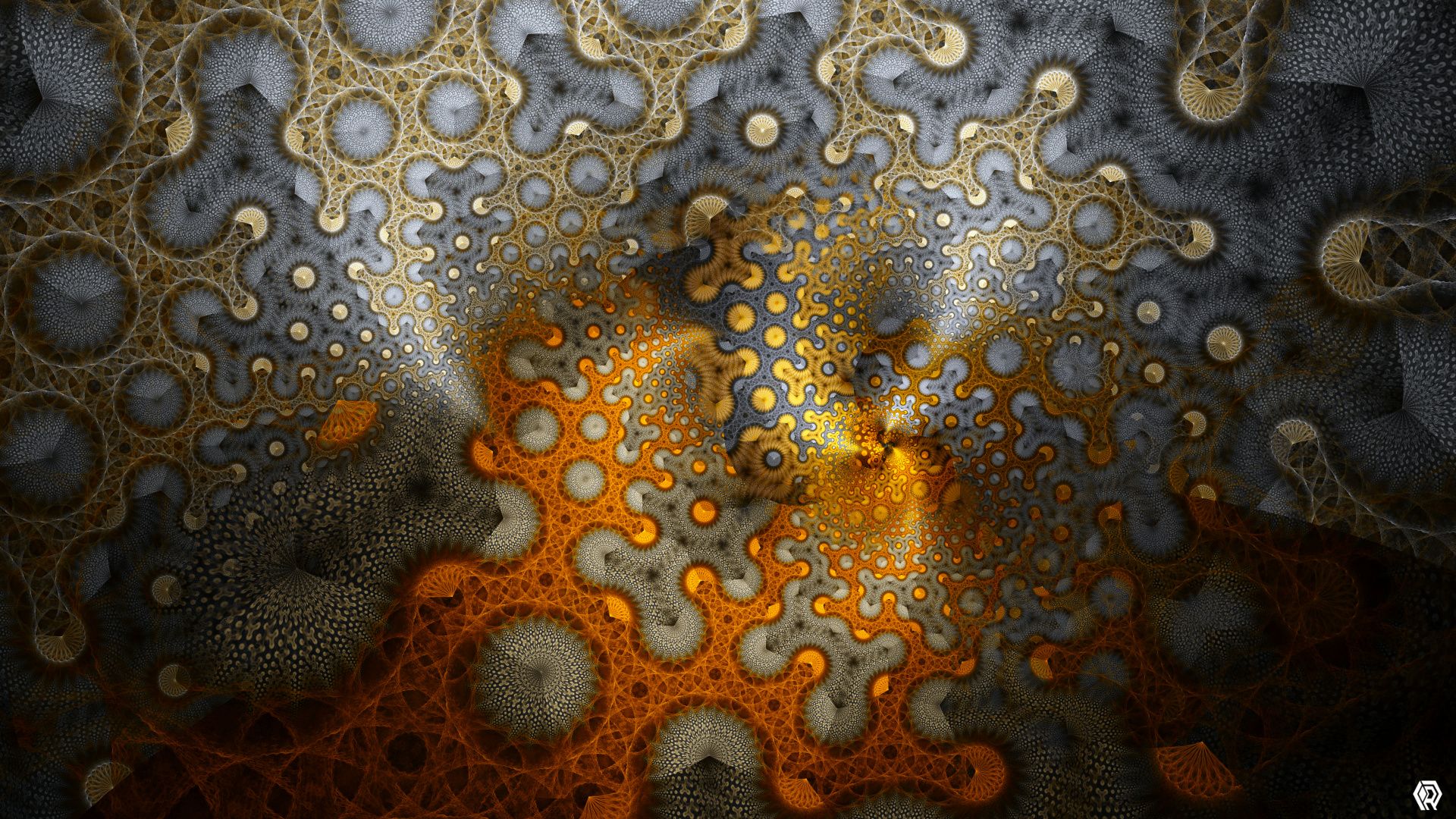 An intricate webbing of mandala shapes tiled in a loose spiral, orange and yellow patterns against kalideoscopic grey.