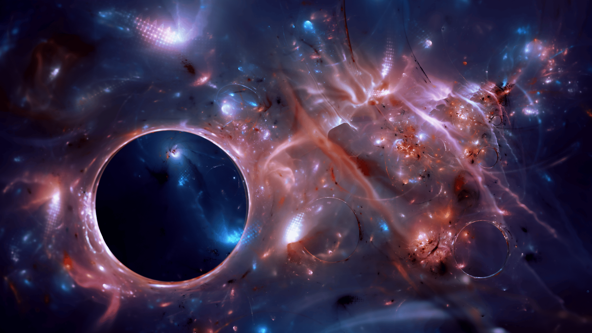A prize wallpaper. An abstract dark blue orb shape against a messy nebula background of whites, reds, and pinks.