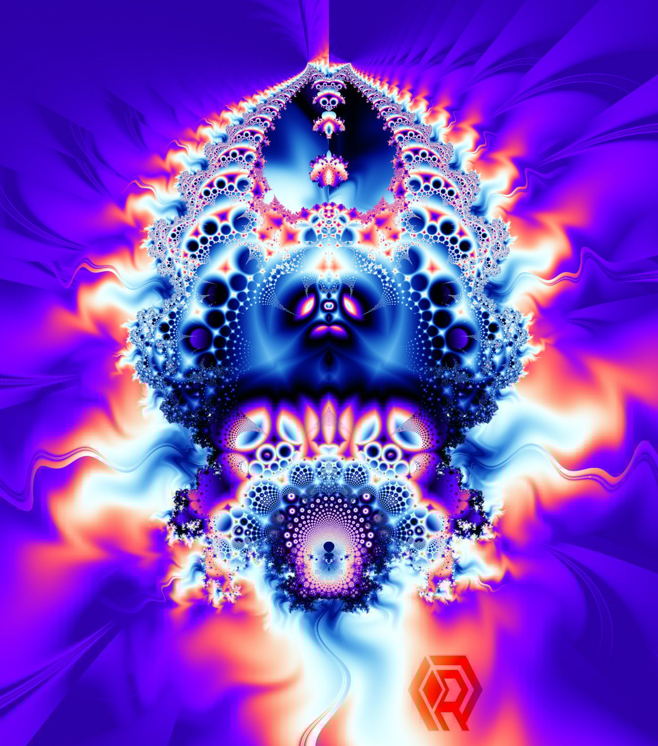 A small shadowy figures stands before an neon god head with infinite faces retreating into the background.