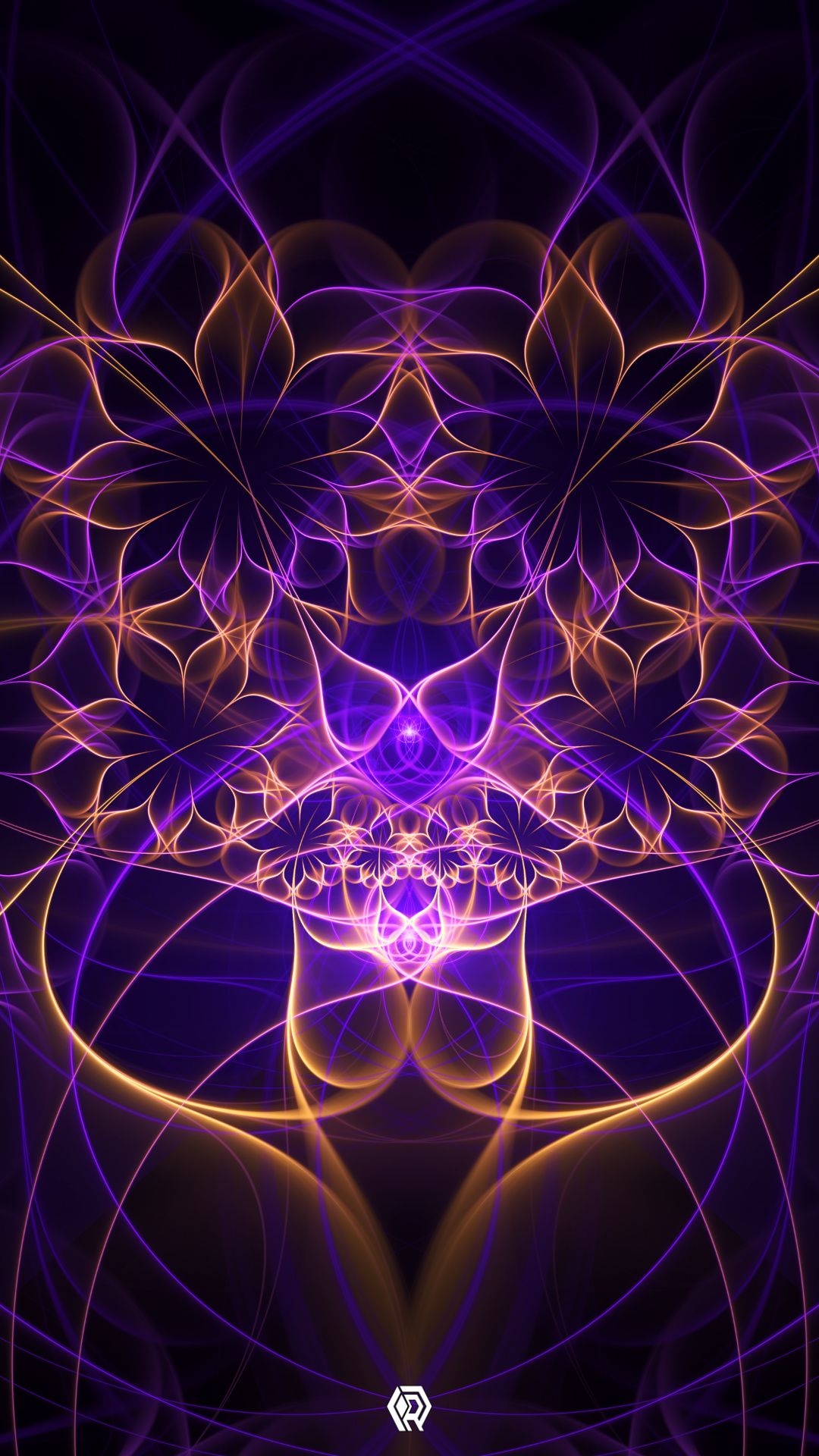 A fractal boquet of flowers made of ribbons in purple and orange.