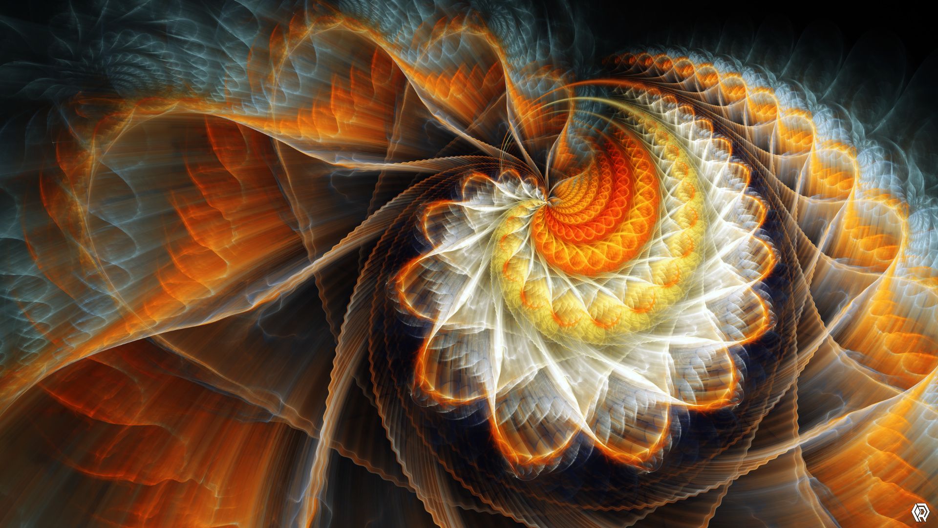 A bright swirl of fractal waves in orange, red, yellow and white, fading to blue at the fringes.