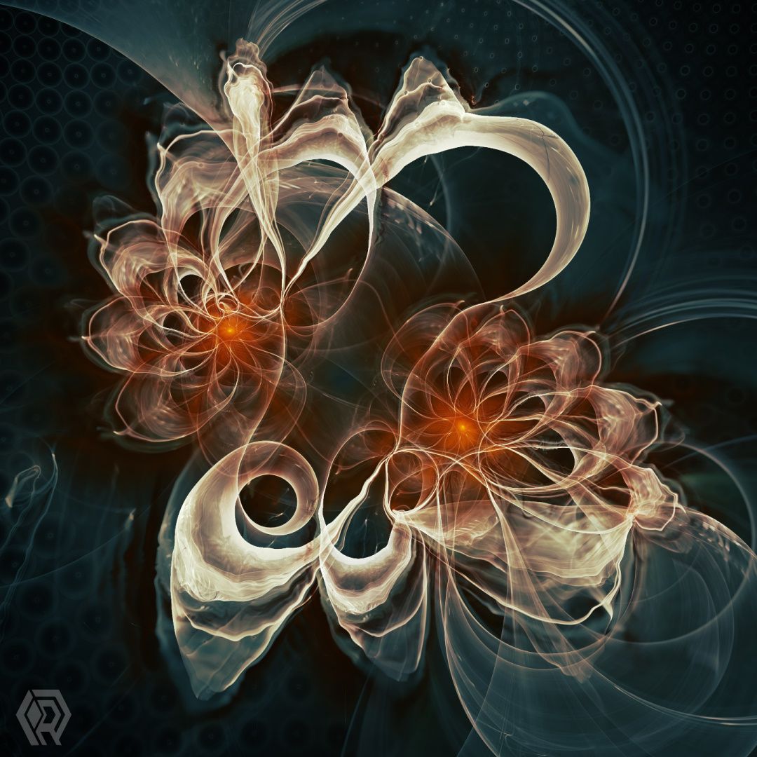 A shimmering white ribbon twists around two fractal mandala shapes with glowing orange cores.